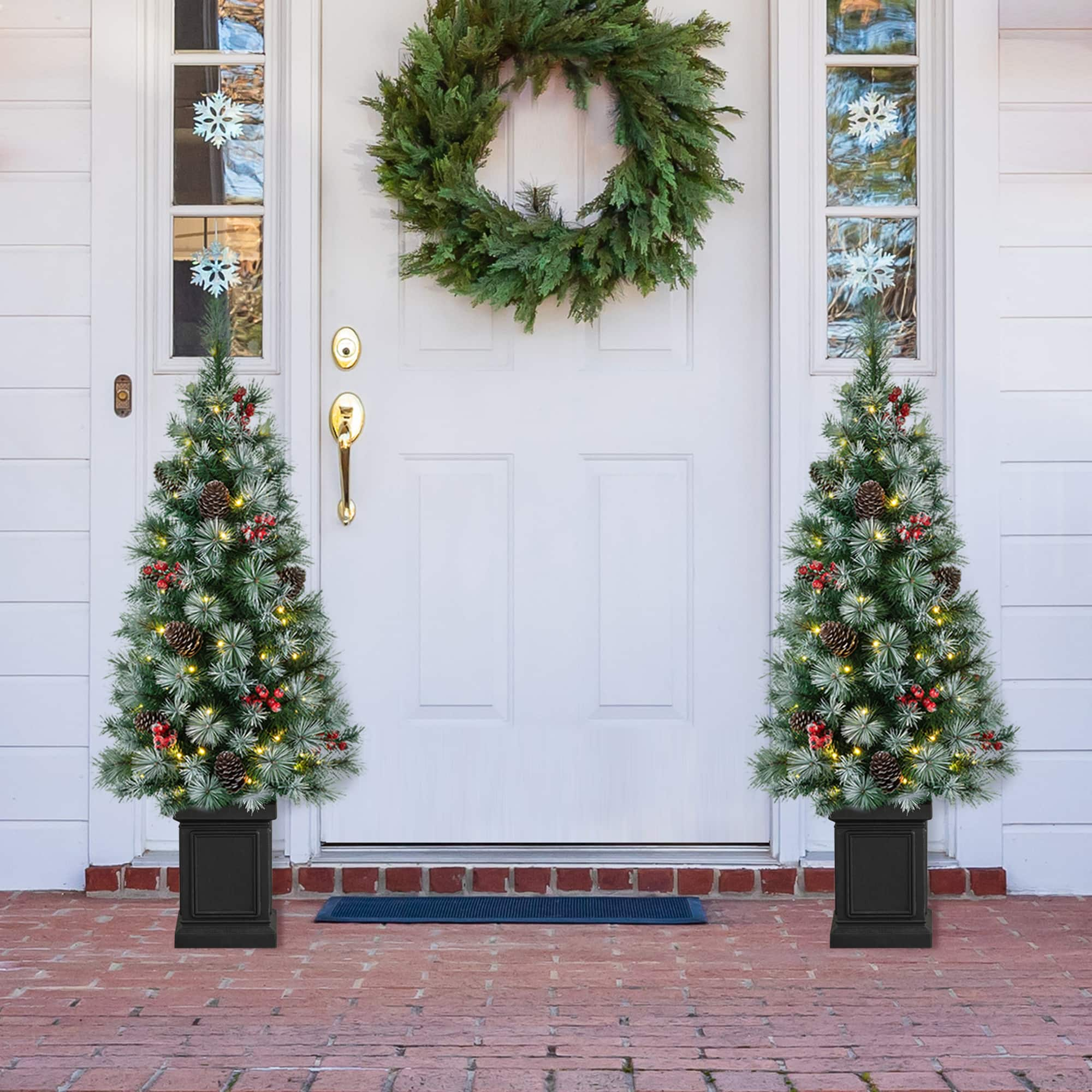 2 Pack 4ft. Pre-Lit Pine Artificial Christmas Porch Tree, Warm White LED Lights