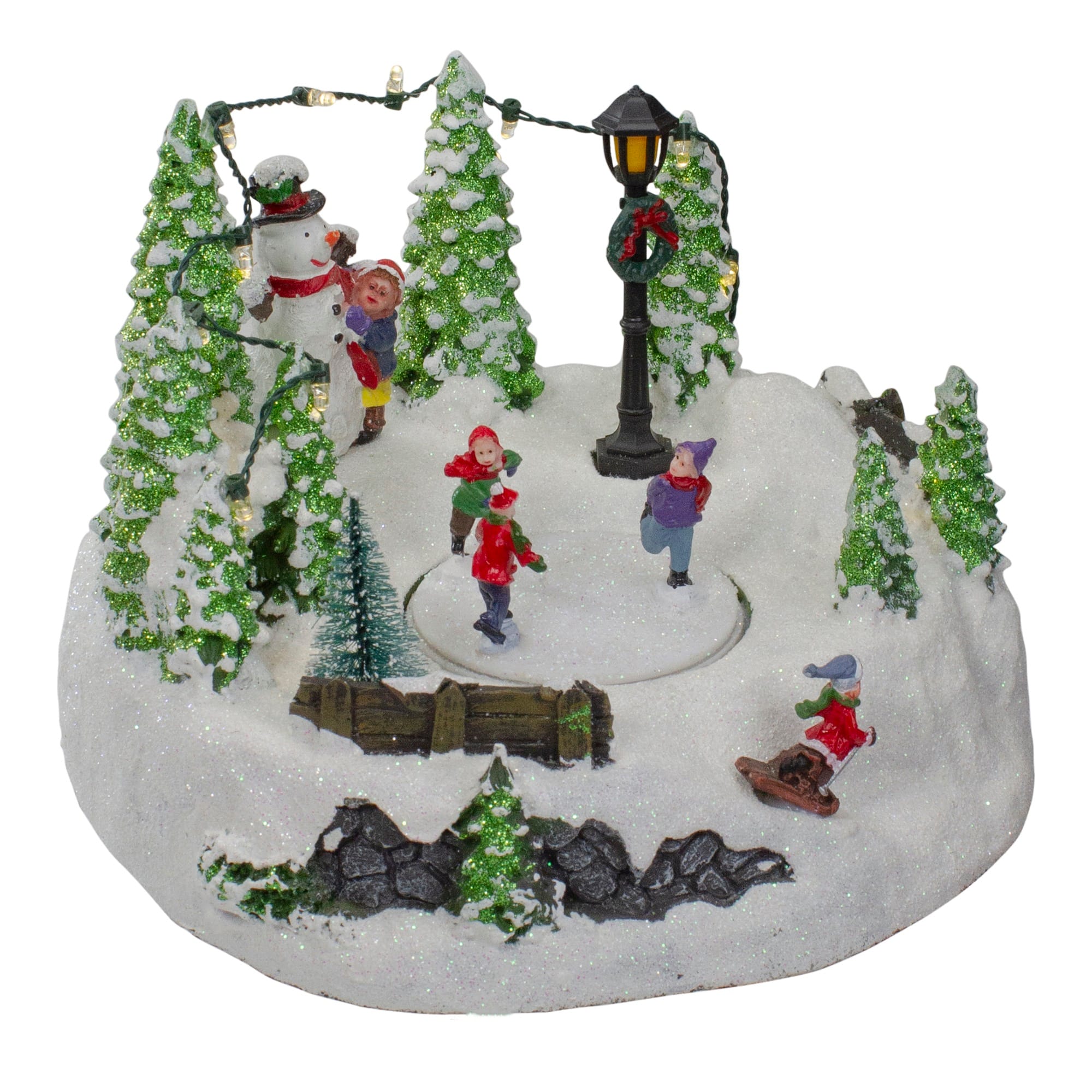 9" Lighted Christmas Scene with Moving Skaters & Snowman