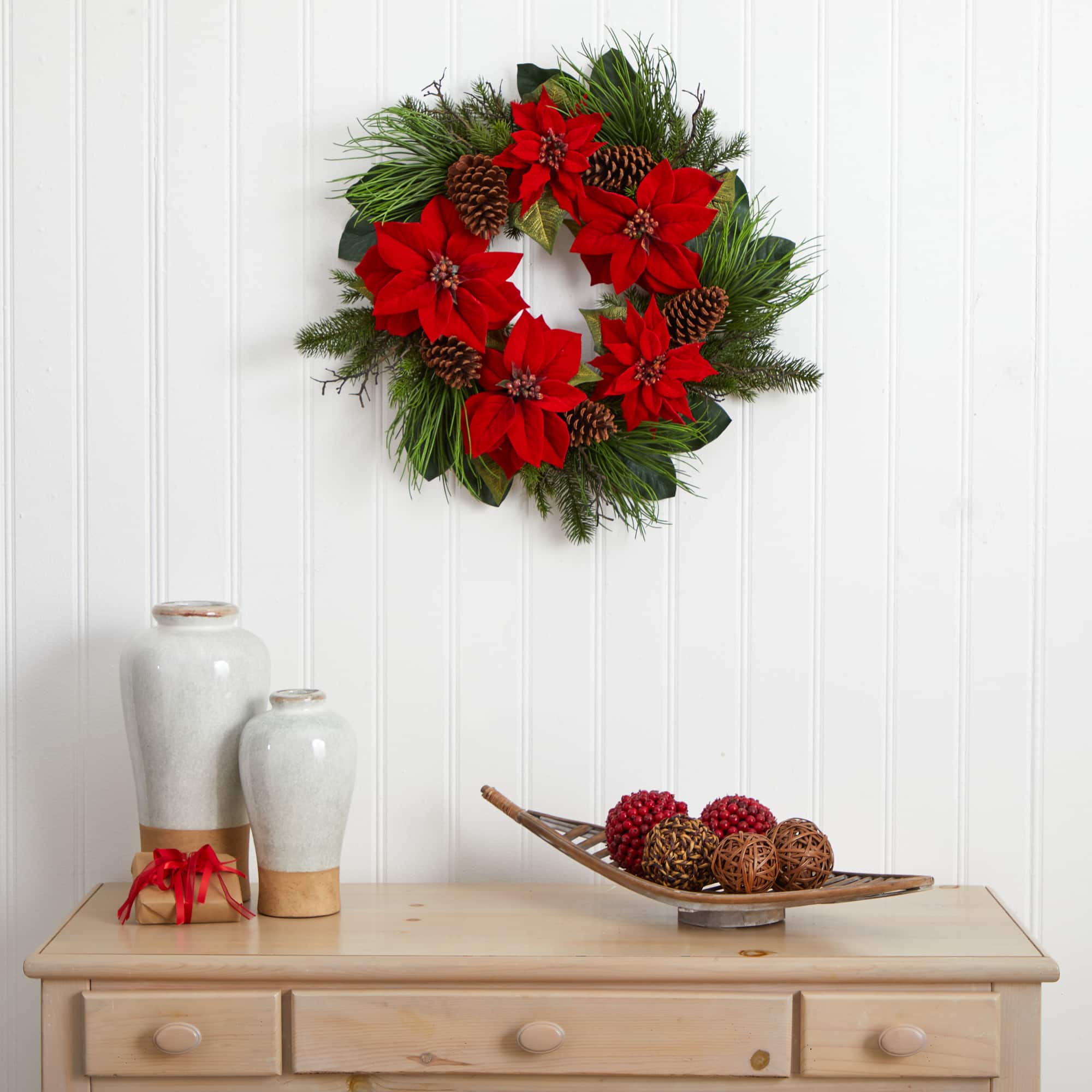 28" Poinsettia & Pine Wreath