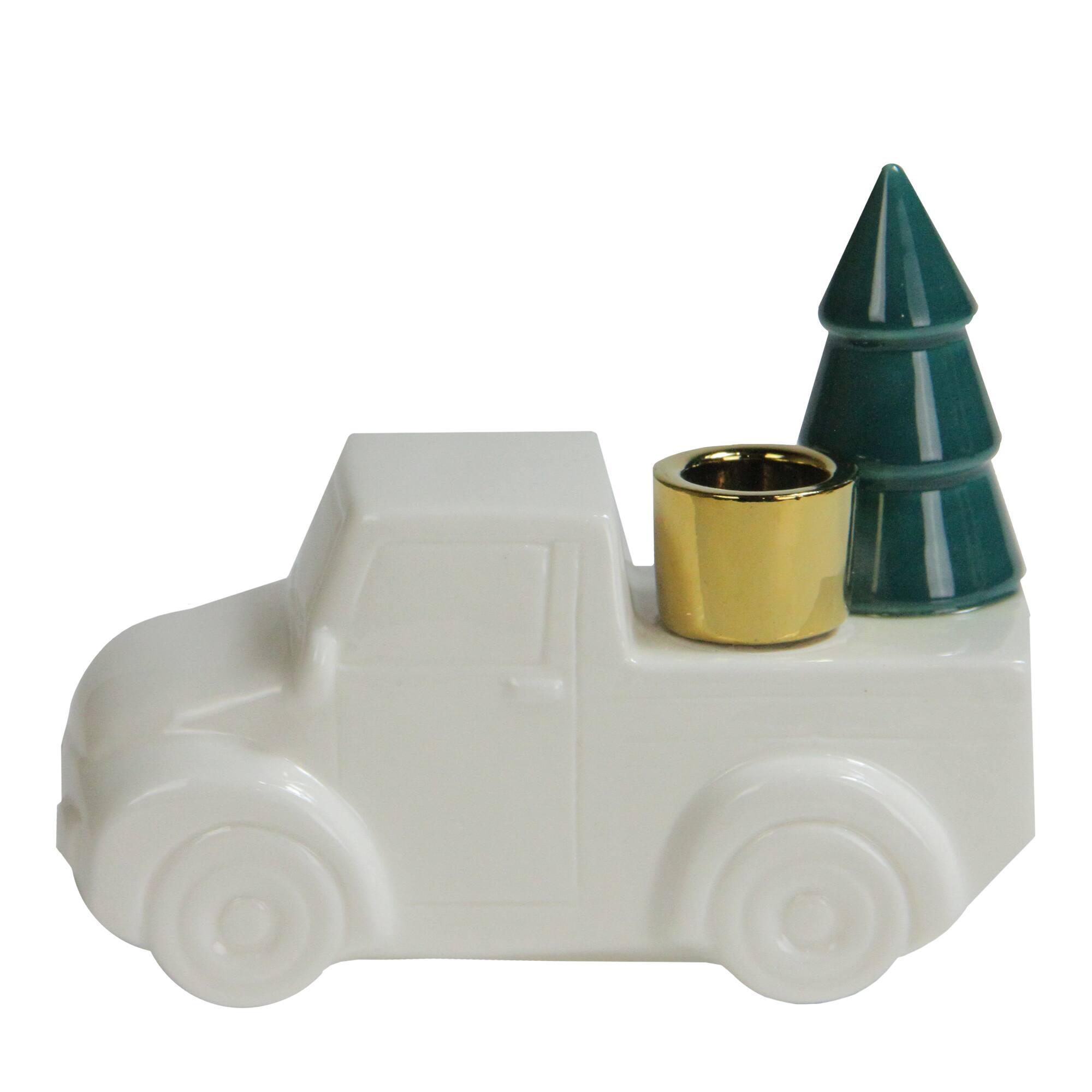 5&#x22; White Ceramic Truck with Christmas Tree Taper Candlestick Holder