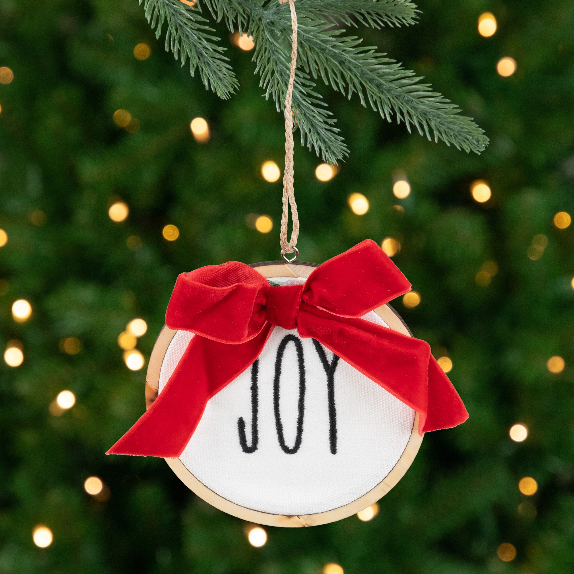 Embroidered Joy with Bow Wooden Disc Christmas Ornament - 4.5&#x22; - Red and White