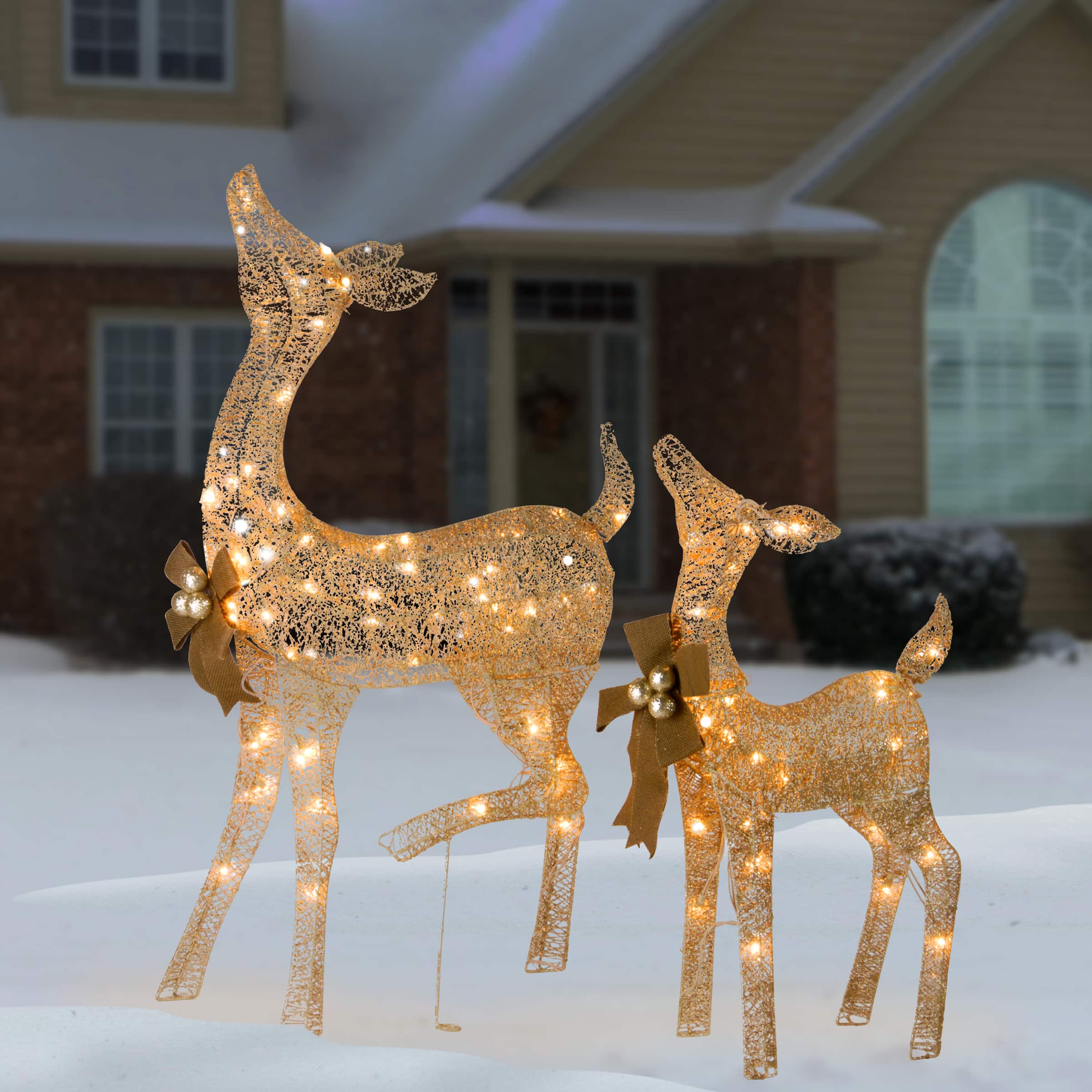 Crystal Splendor Champagne Doe and Fawn with 105 LED Mini Lights