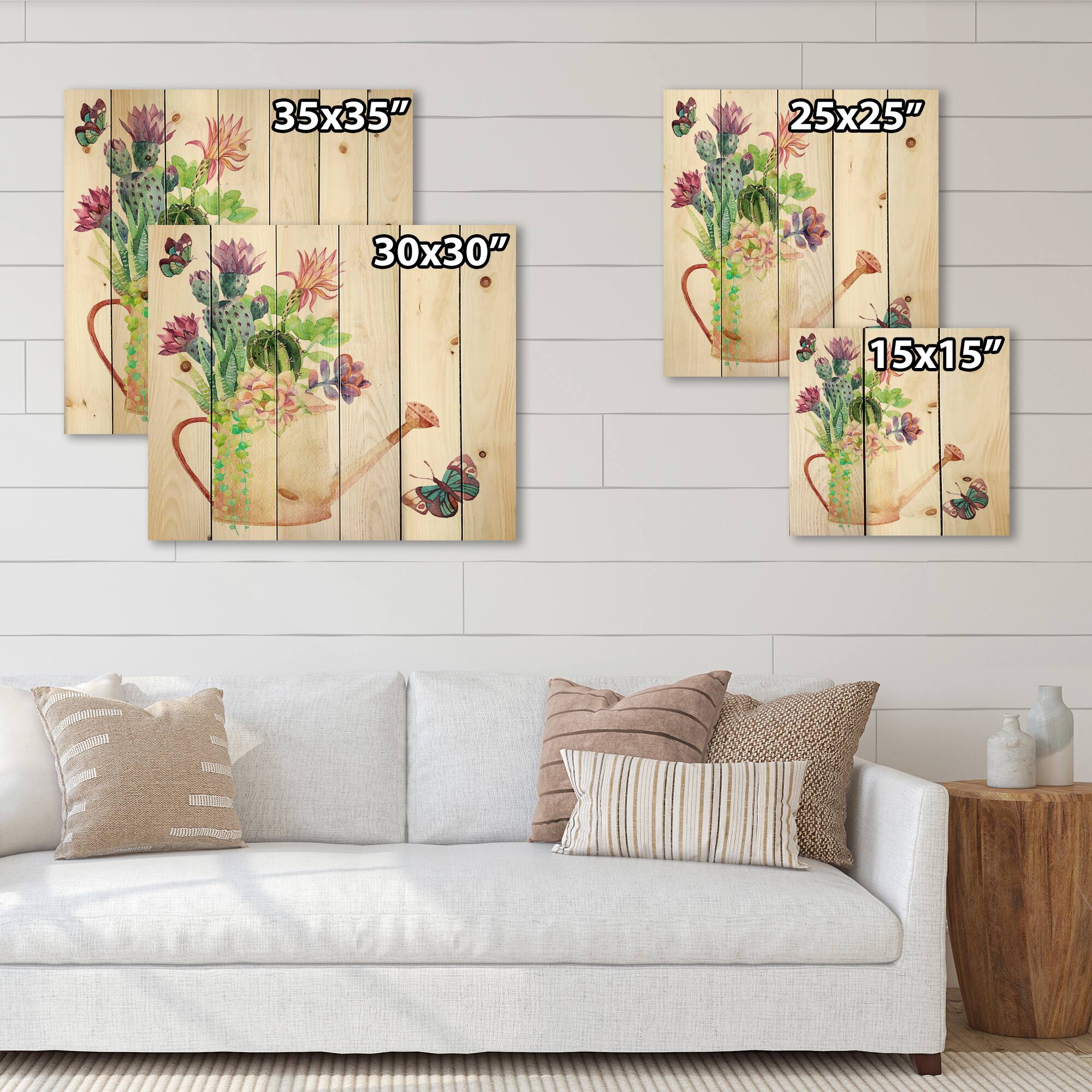 Designart - Succulents In Old Watering Can - Farmhouse Print on Natural Pine Wood