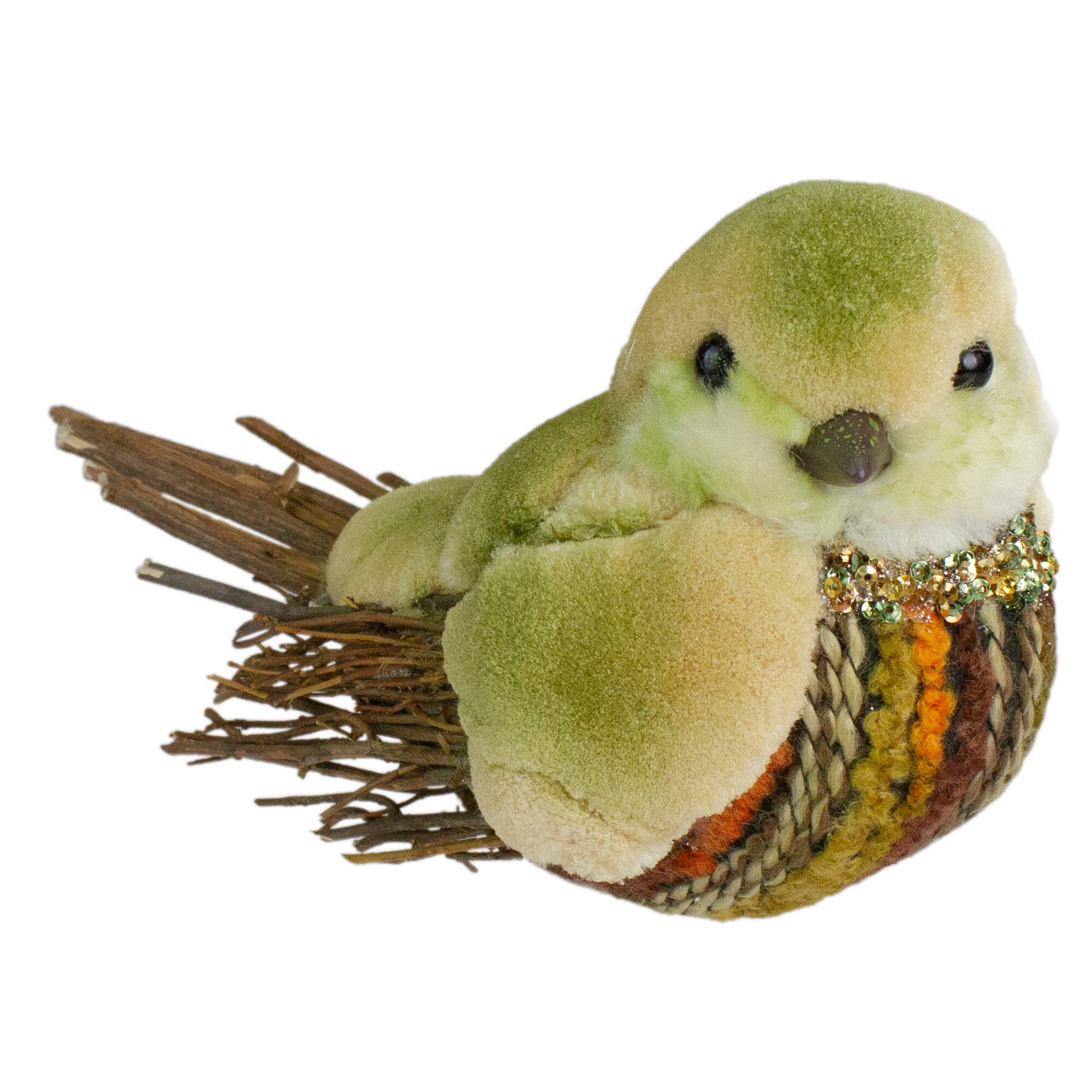 8.5" Green & Brown Autumn Harvest Tabletop Bird With Sequins