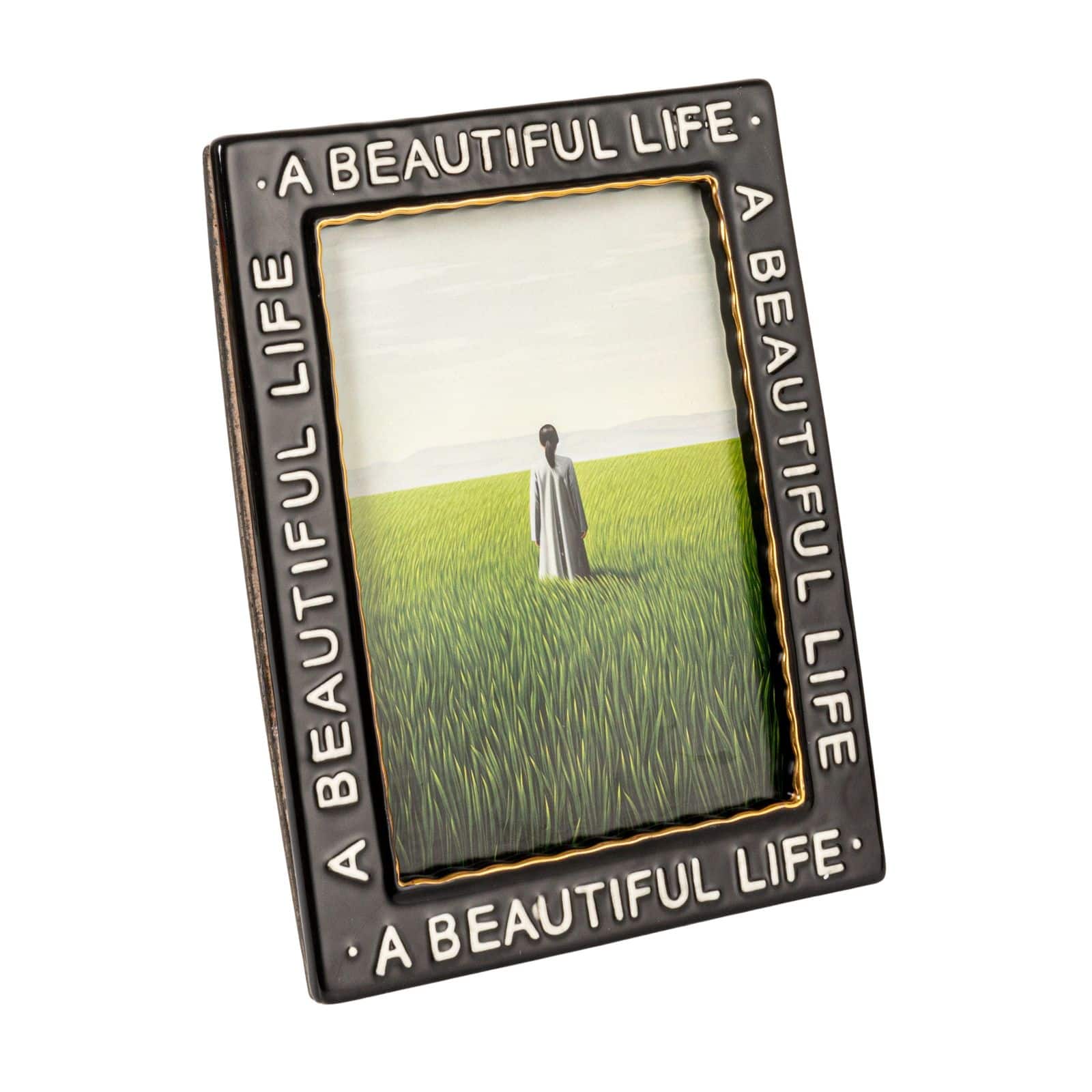 Hello Honey® Black Stoneware Photo Frame with A Beautiful Life Text