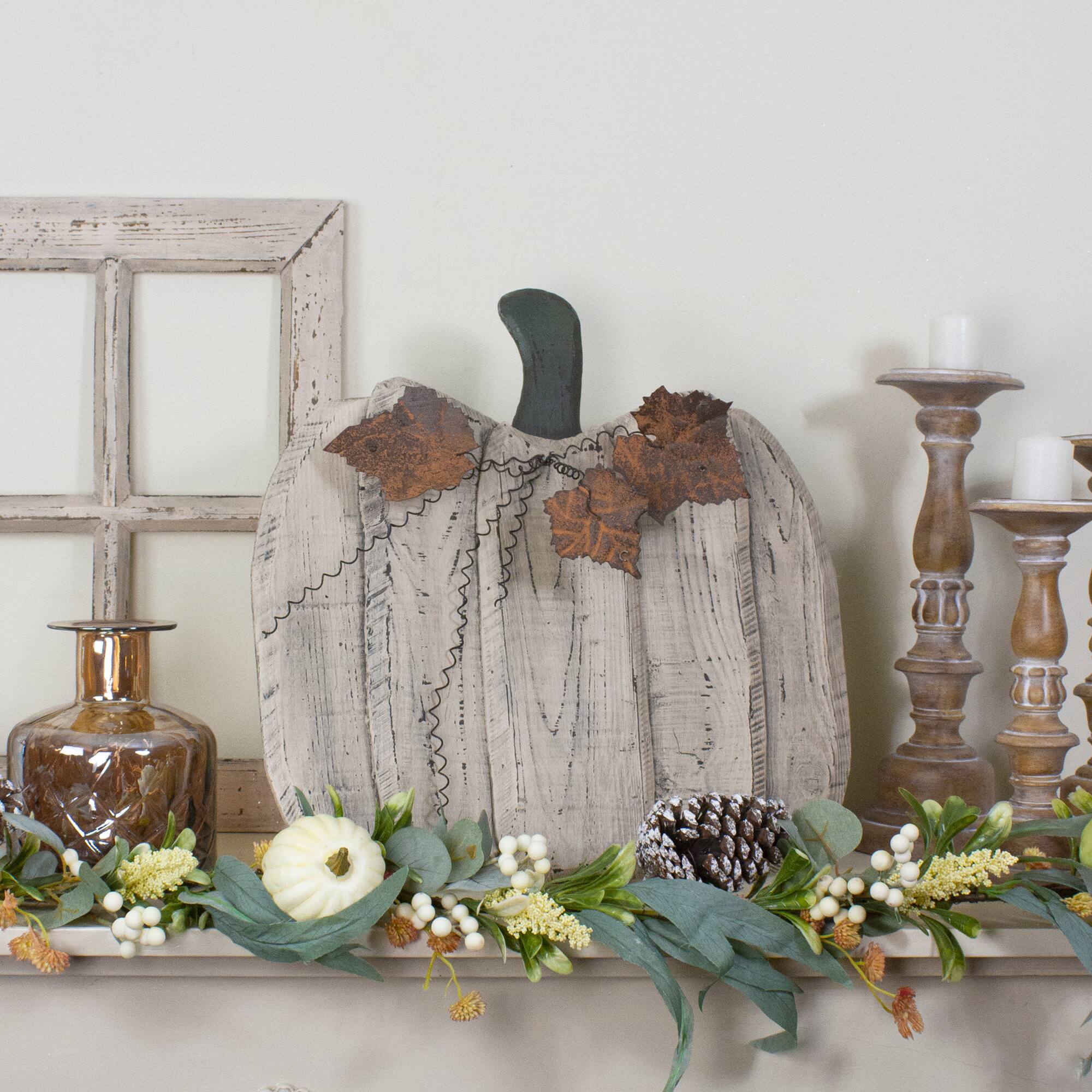 18.5" Large Beige Wooden Fall Harvest Pumpkin with Leaves & Stem