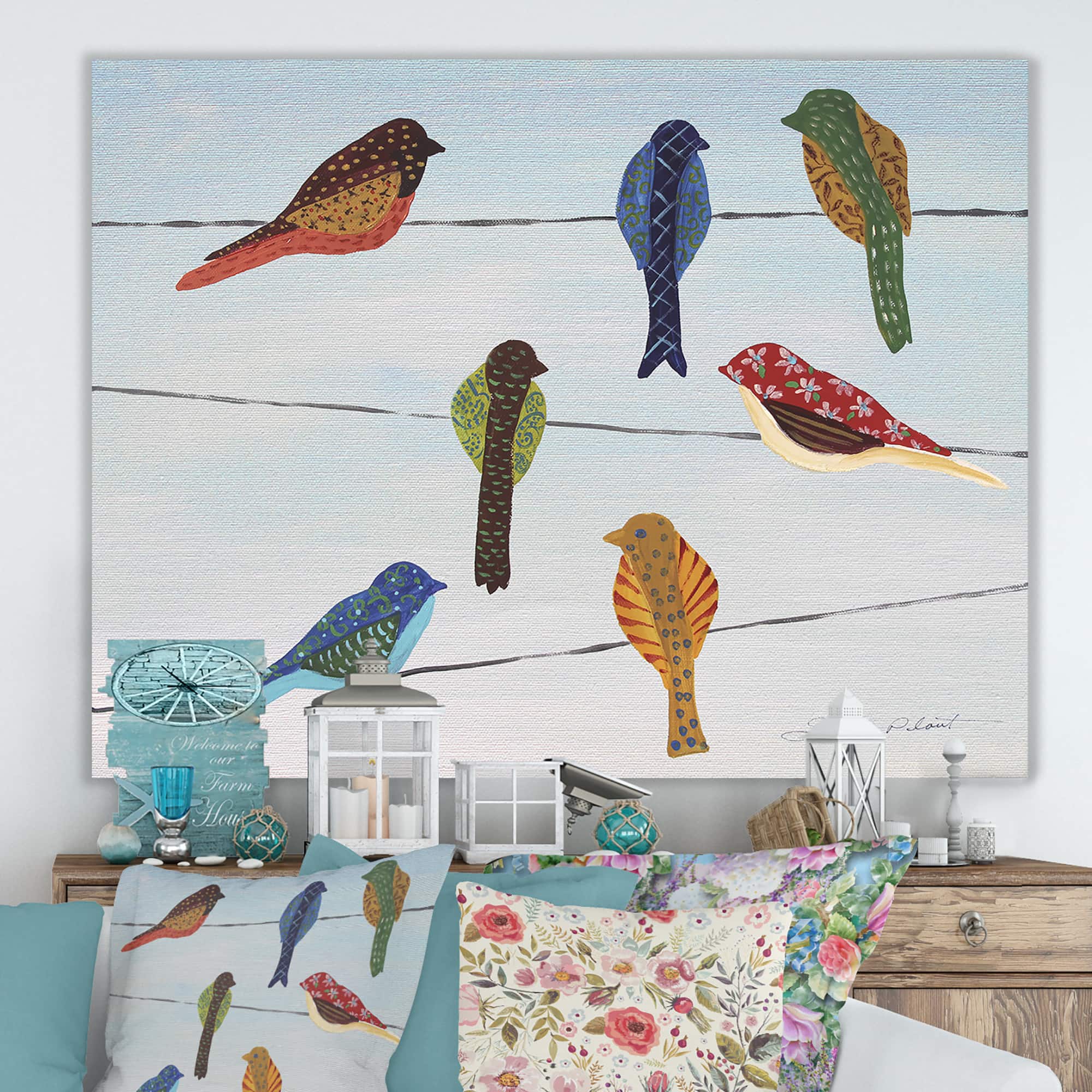 Designart - Lovely Colorful Birds On Wires 1 - Cottage Premium Canvas Wall Art