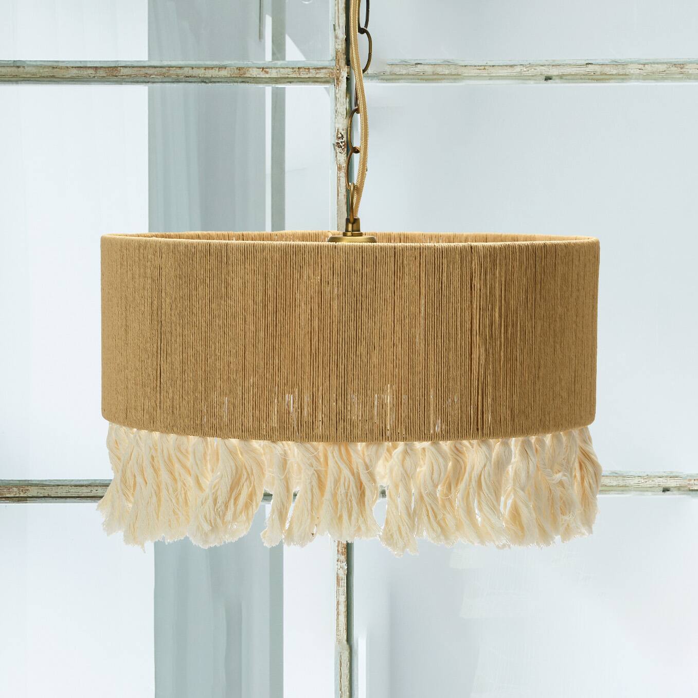 Hello Honey&#xAE; 16&#x22; Brown Coastal Pendant Lamp with Natural Paper Rope Shade, Fringe Detail and Iron Base