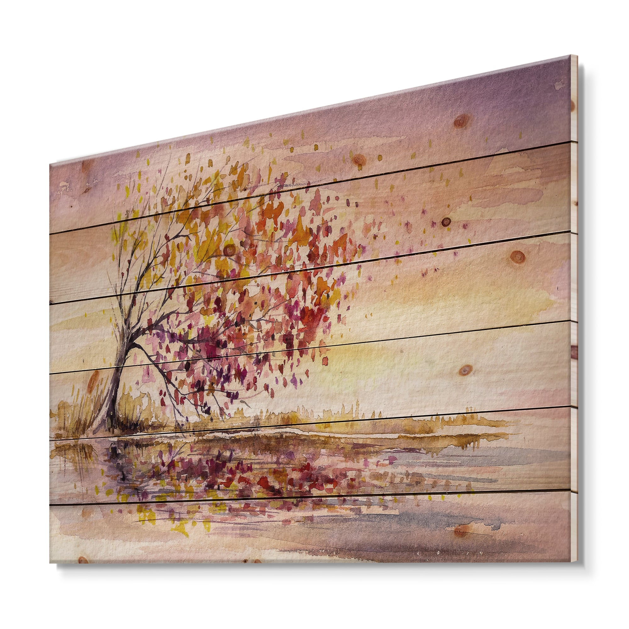 Designart - Yellow and Orange Autumn Tree - Traditional Print on Natural Pine Wood