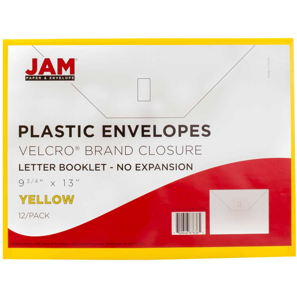 JAM Paper 9.5&#x22; x 12.5&#x22; Yellow Plastic Hook &#x26; Loop Closure Envelopes, 12ct.
