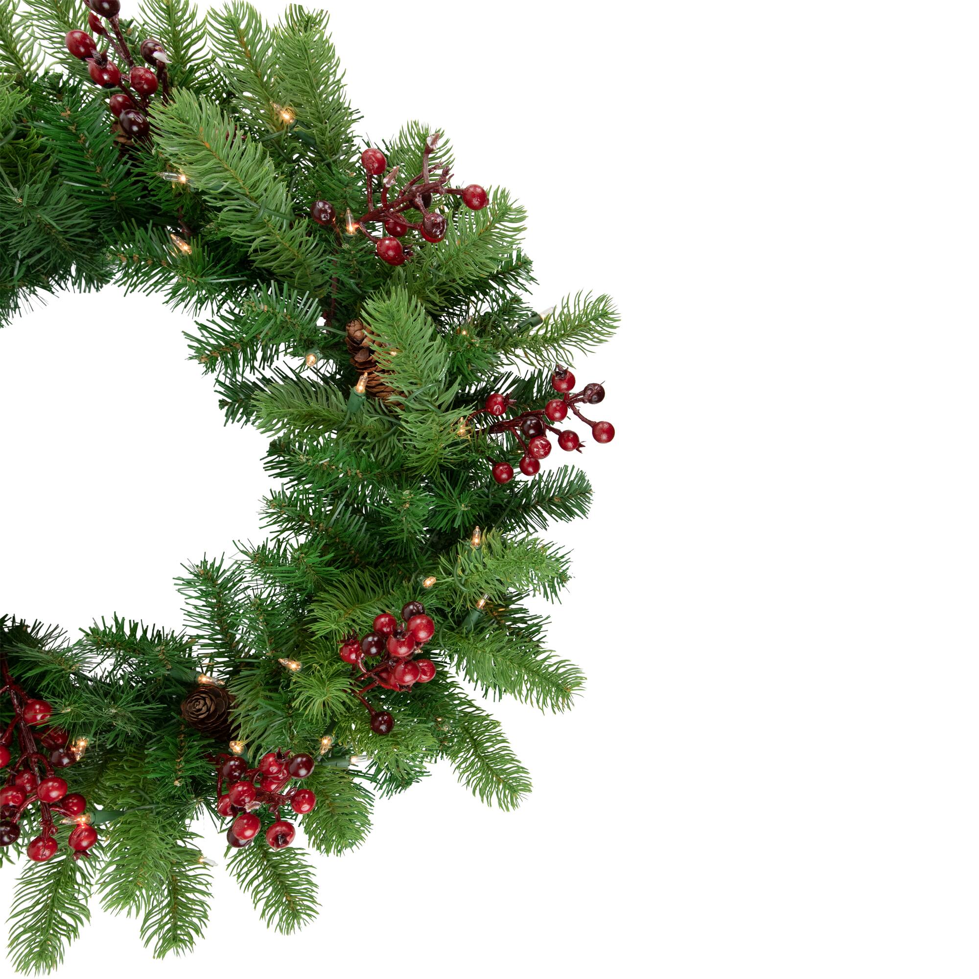 24" Pre-lit Noble Fir with Red Berries & Pinecones Artificial Christmas Wreath