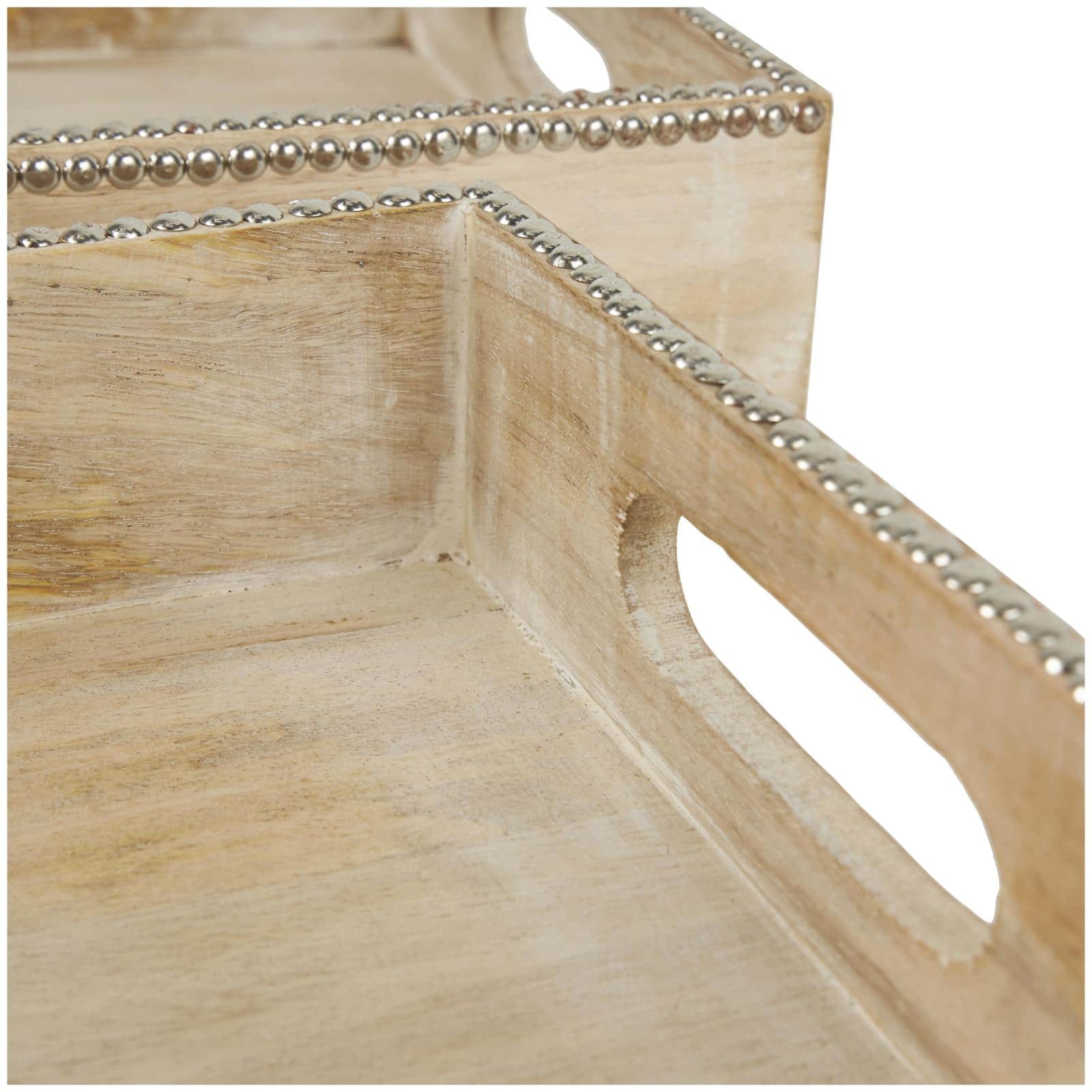 Light Brown Mango Wood Trays with Silver Beaded Rim, 2ct.