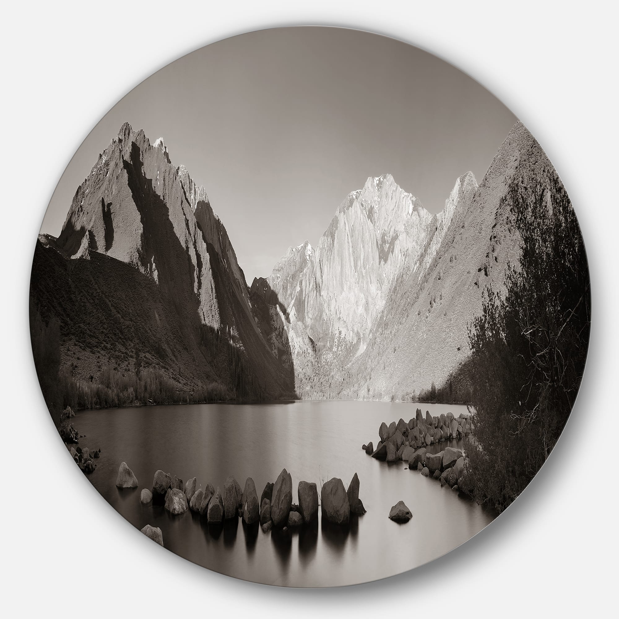 Designart - Snow Mountain Lake Panorama' Disc Large Landscape Metal Circle Wall Art