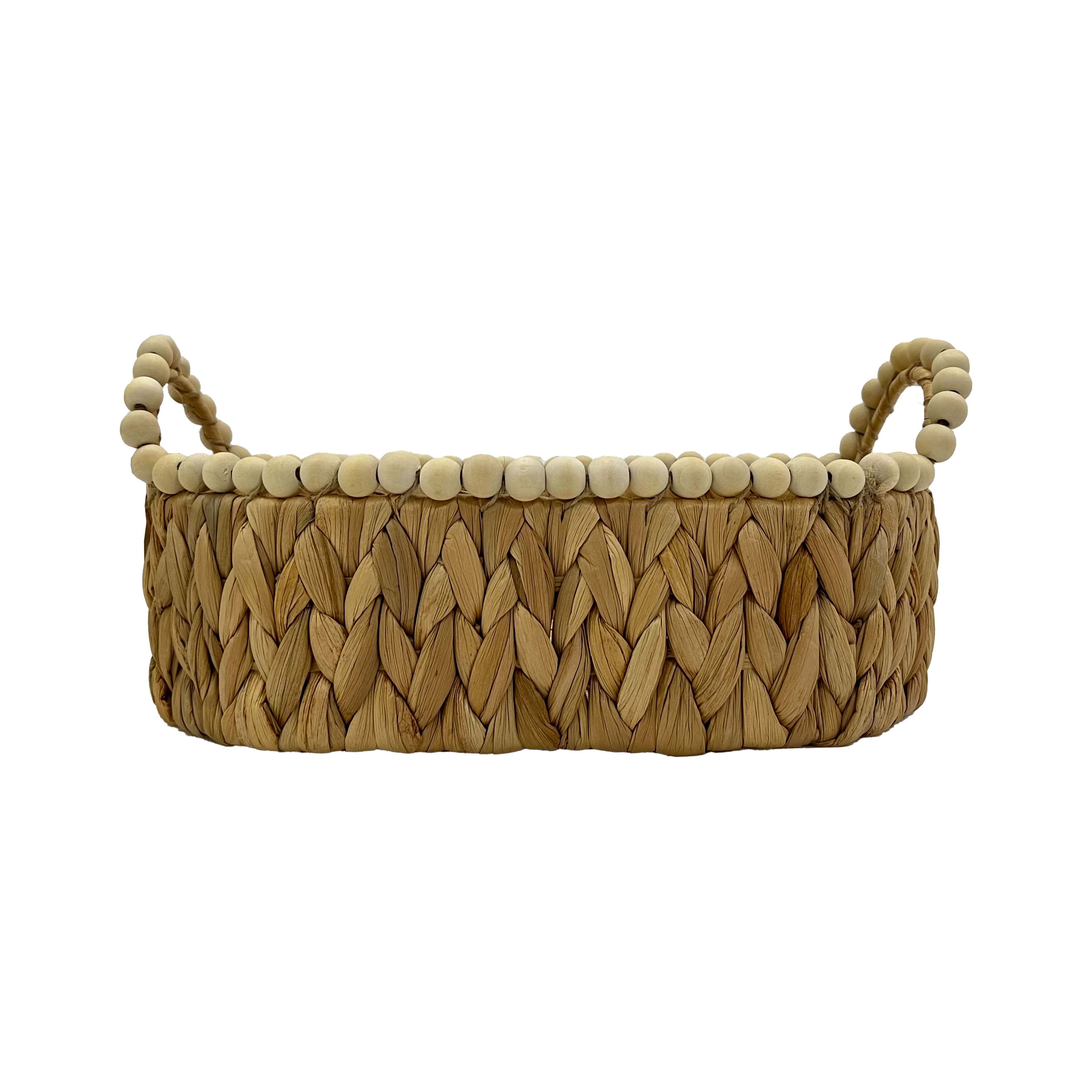 Small Oval Water Hyacinth Woven Basket with Wood Beads by Ashland&#xAE;