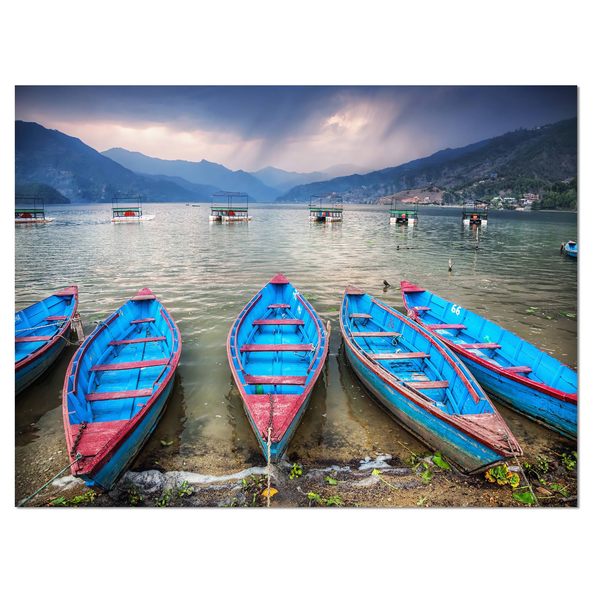 Designart - Row of Blue Boats in Pokhara Lake - Boat Canvas Art Print