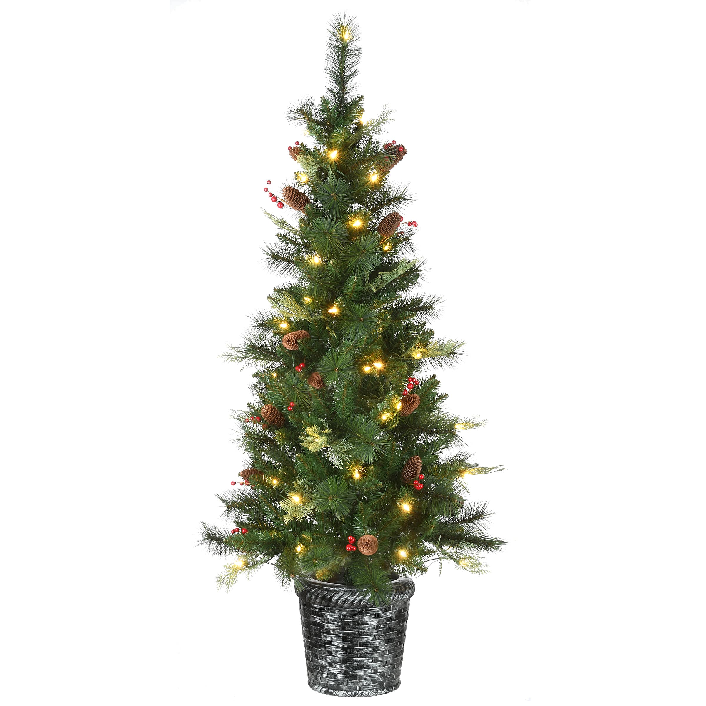 5ft. Buzzard Pine Artificial Christmas Tree in Woven Planter, Warm White LED Lights