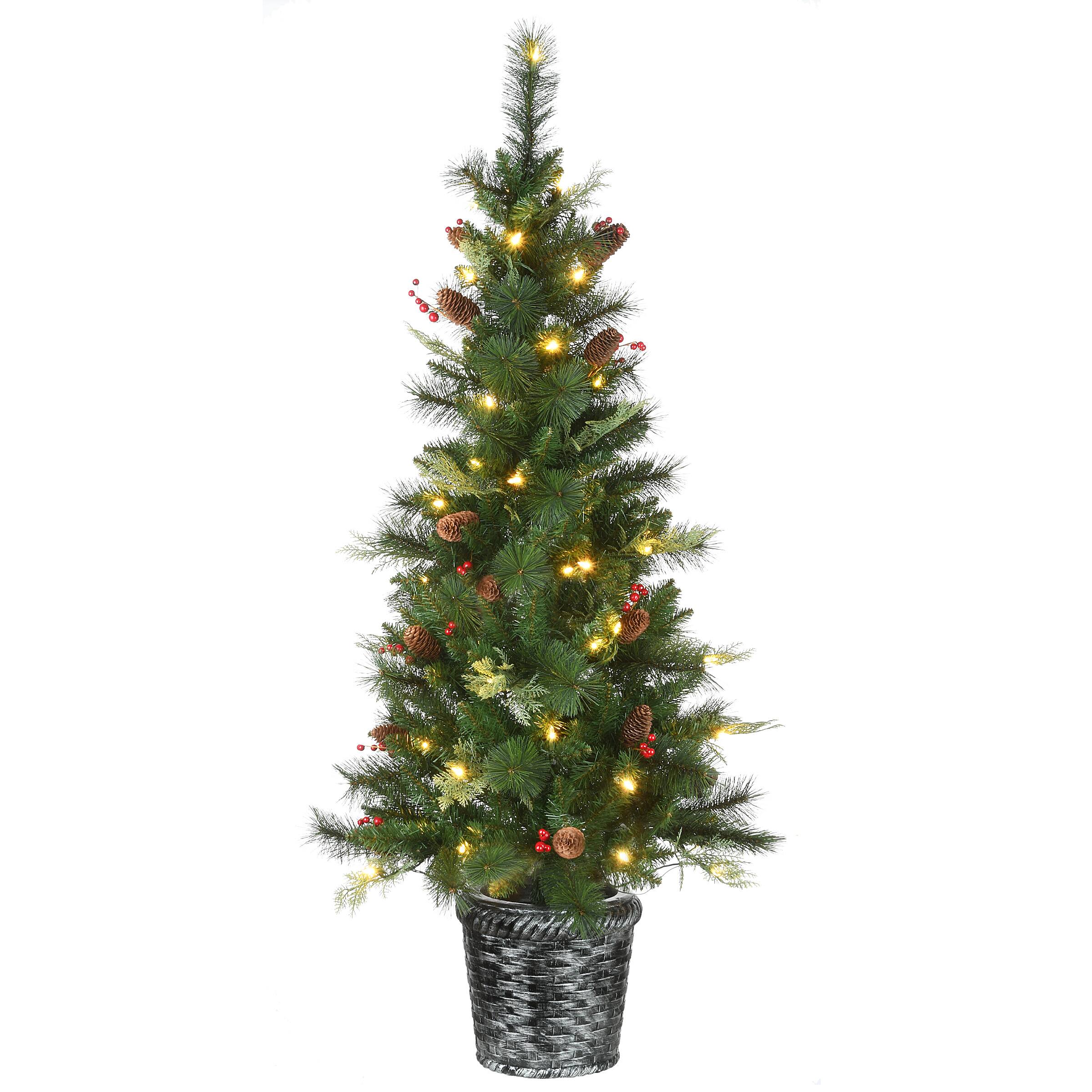 5ft. Pre-Lit Buzzard Pine Artificial Christmas Tree in Woven Planter, Warm White LED Lights