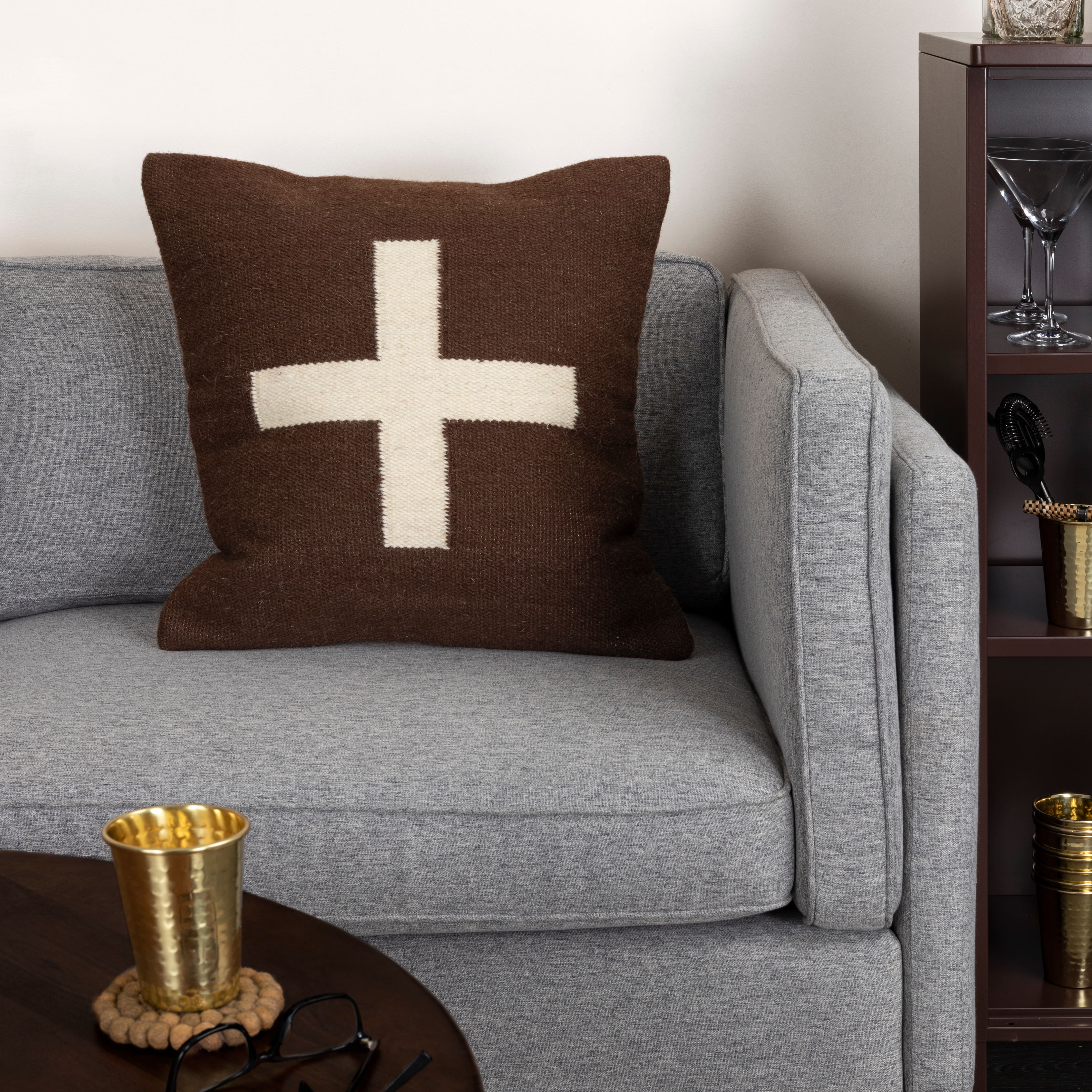 Brown &#x26; Natural Swiss Cross Cotton Wool Throw Pillow