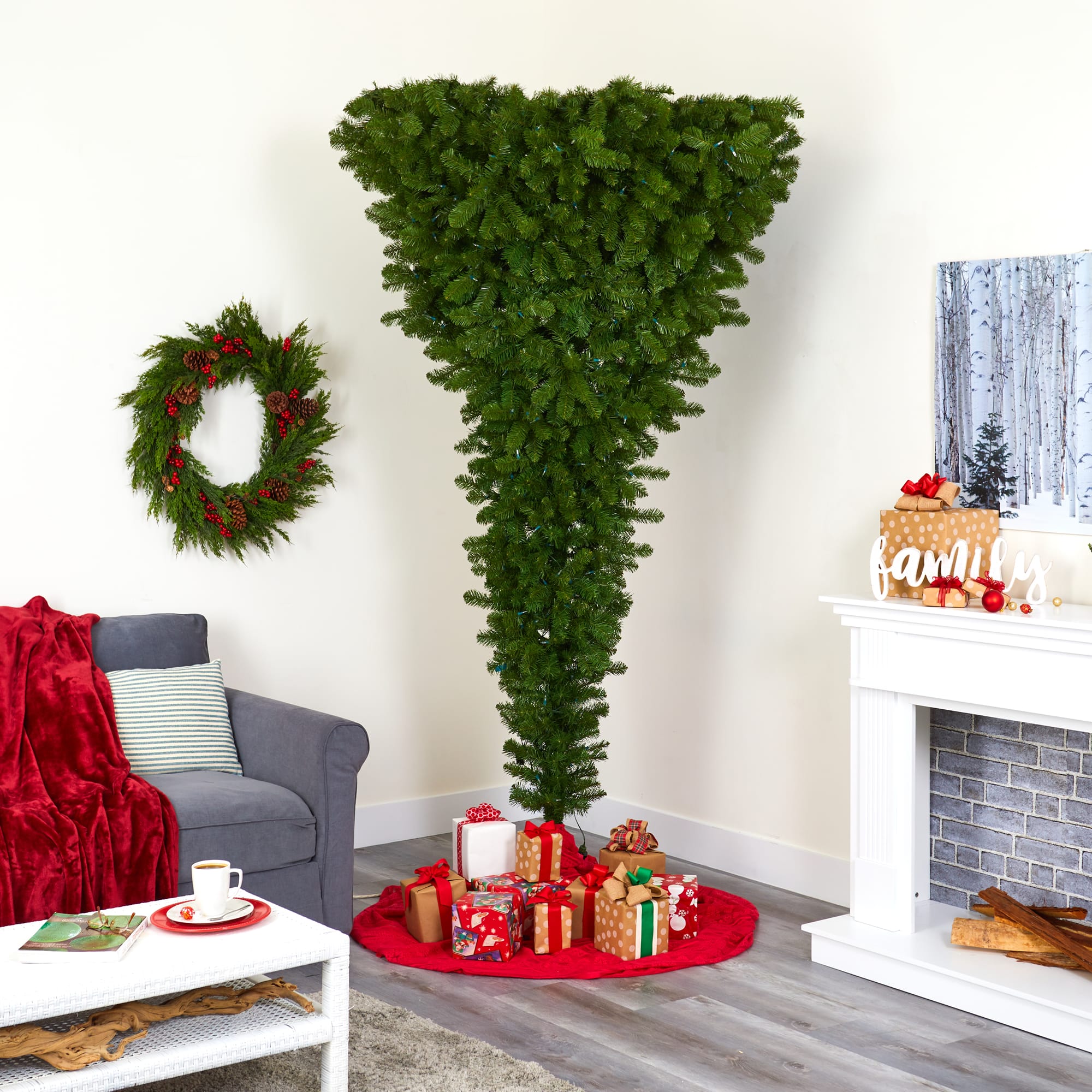 8ft. Pre-Lit Sun Valley Spruce Upside Down Artificial Christmas Tree, Warm White LED Lights