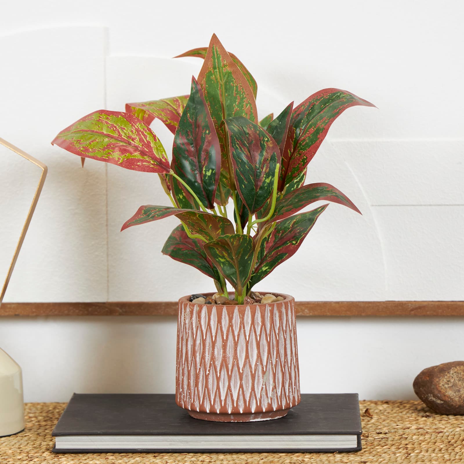 14&#x22; Croton Artificial Plant with Geometric Patterned Pot