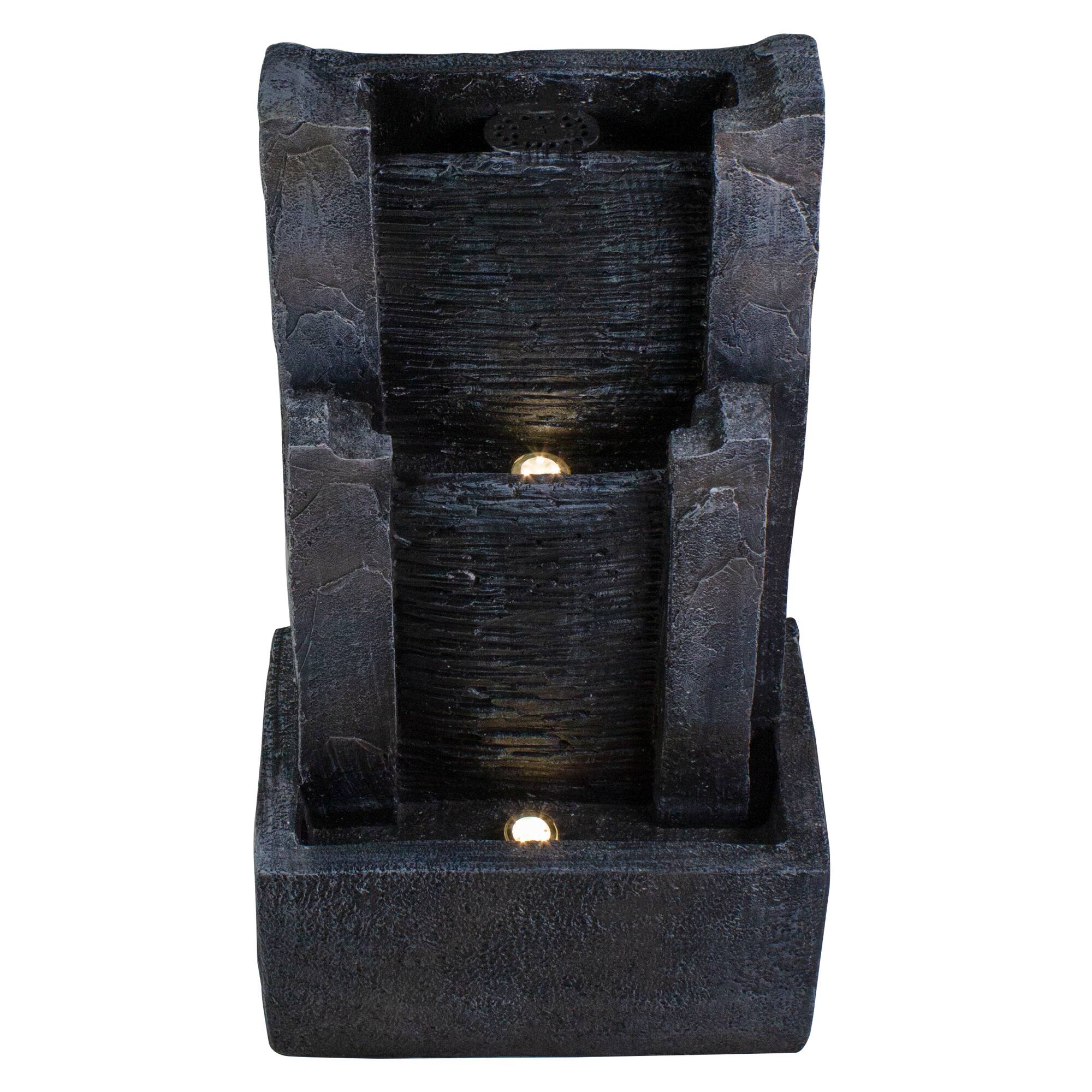 23.5&#x22; Black &#x26; Gray Modern Lighted Three-Tier Outdoor Garden Water Fountain