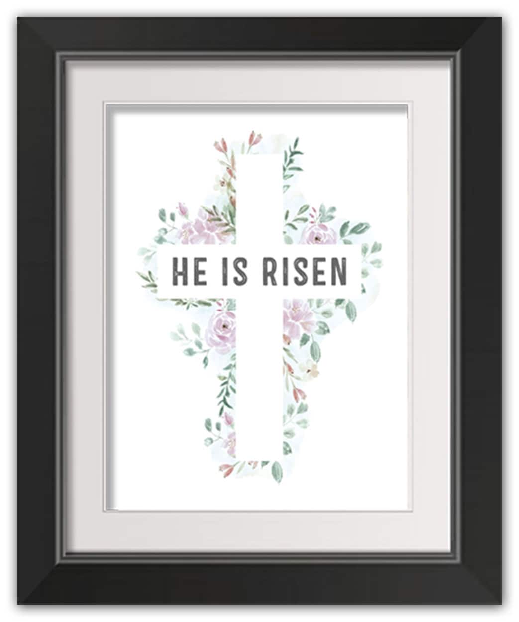 Watercolor Floral Cross Risen 11" x 14" Black Framed Print Under Plexiglass