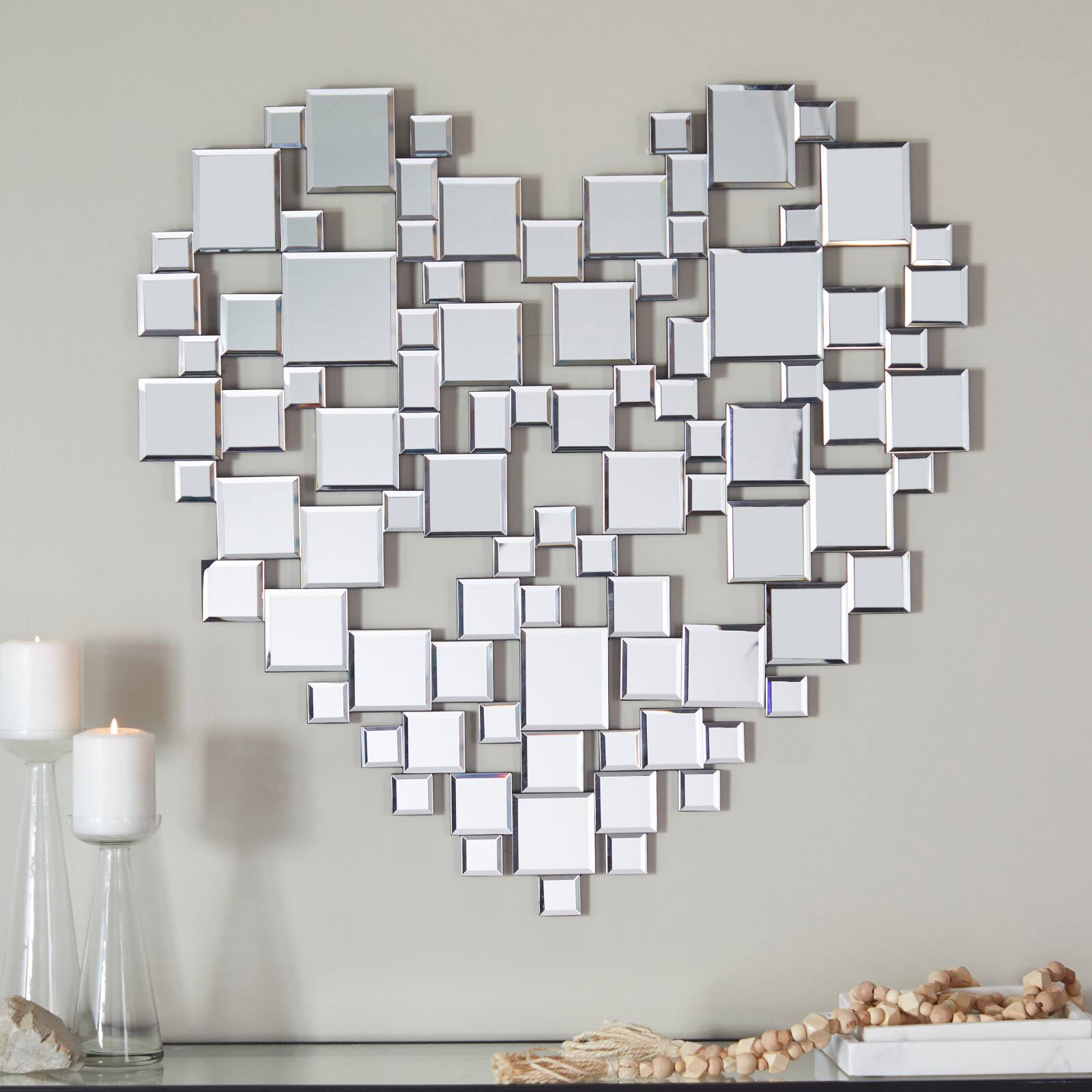 The Novogratz Silver Glass Shaped Mirrored Heart Wall Mirror 32&#x22; x 1&#x22; x 32&#x22;