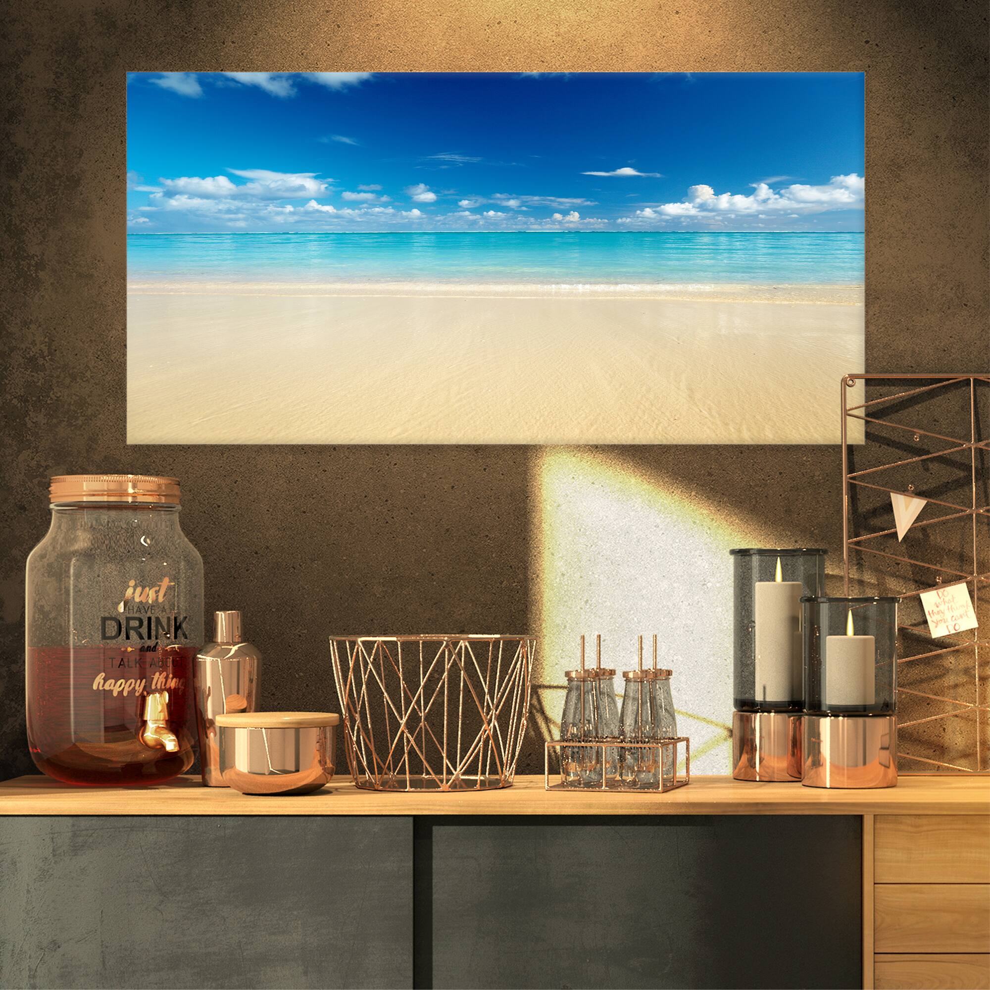 Designart - Sand of Beach in Calm Caribbean Shore - Modern Seascape Canvas Artwork