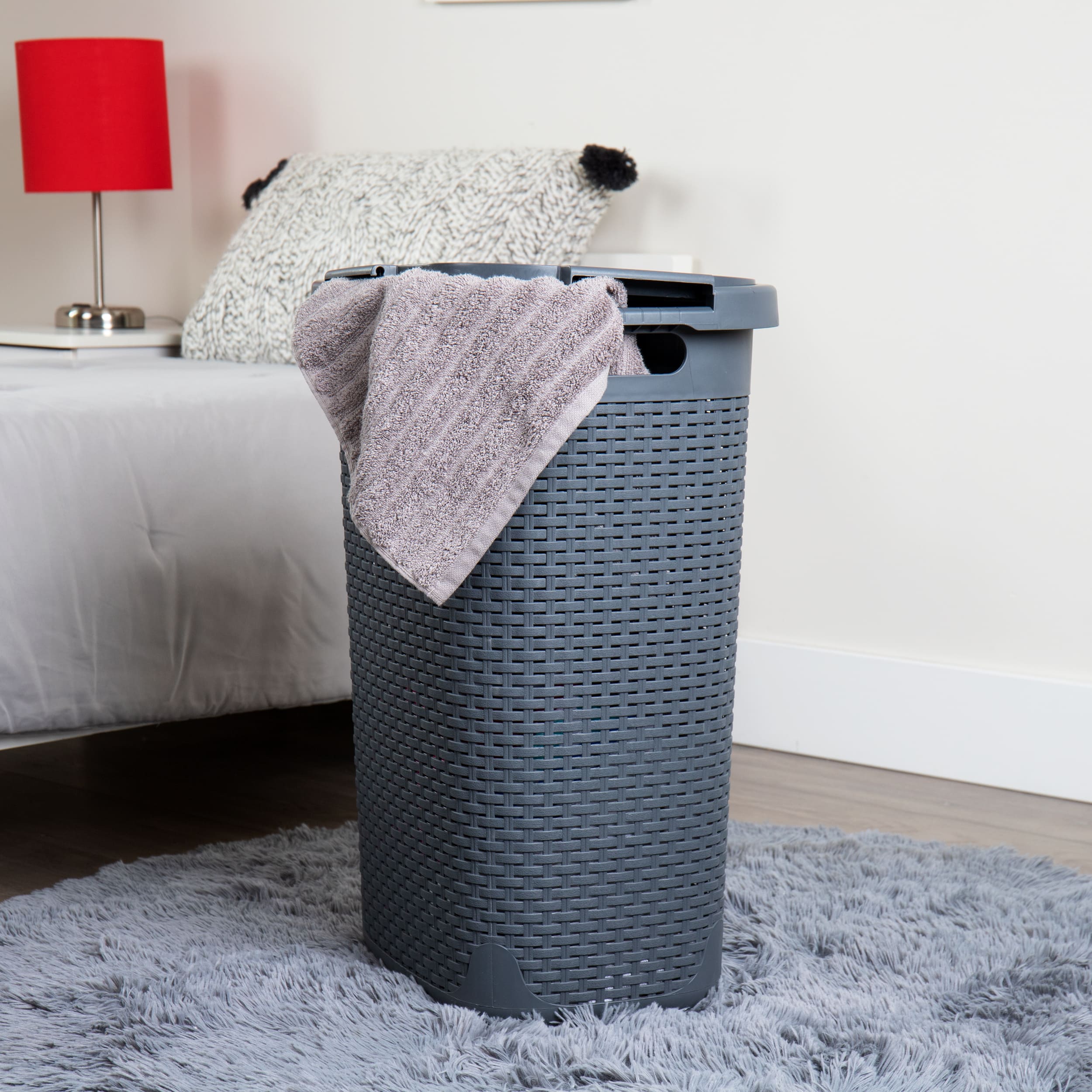 Mind Reader 60L Ventilated Slim Laundry Hamper with Cut Out Handles &#x26; Attached Hinged Lid, 2ct.