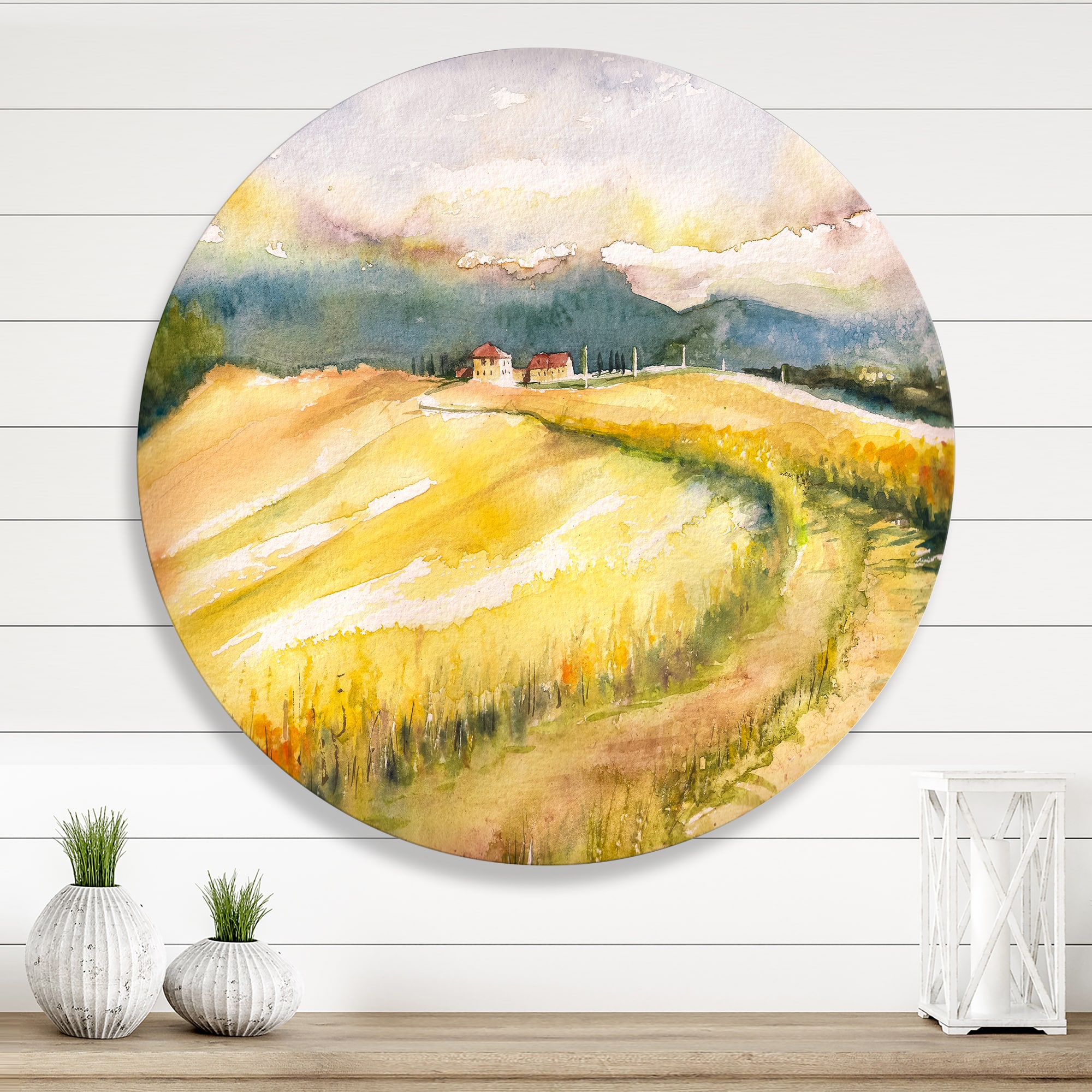 Designart - Golden Fields of Tuscany Italy - Country Metal Circle Wall Art