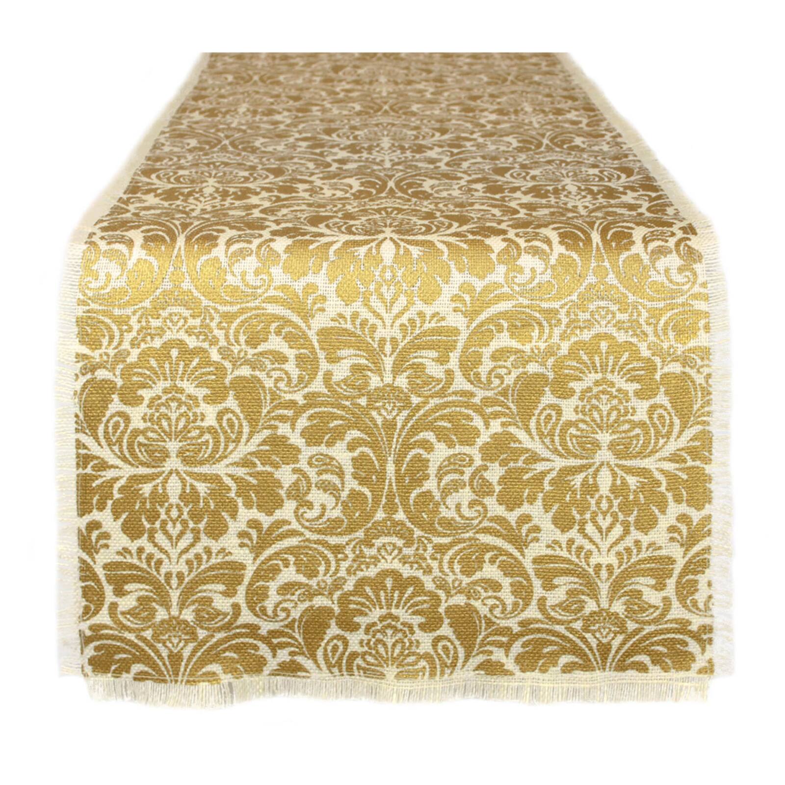 Gold Damask Print Jute Table Runner 14" x 72"