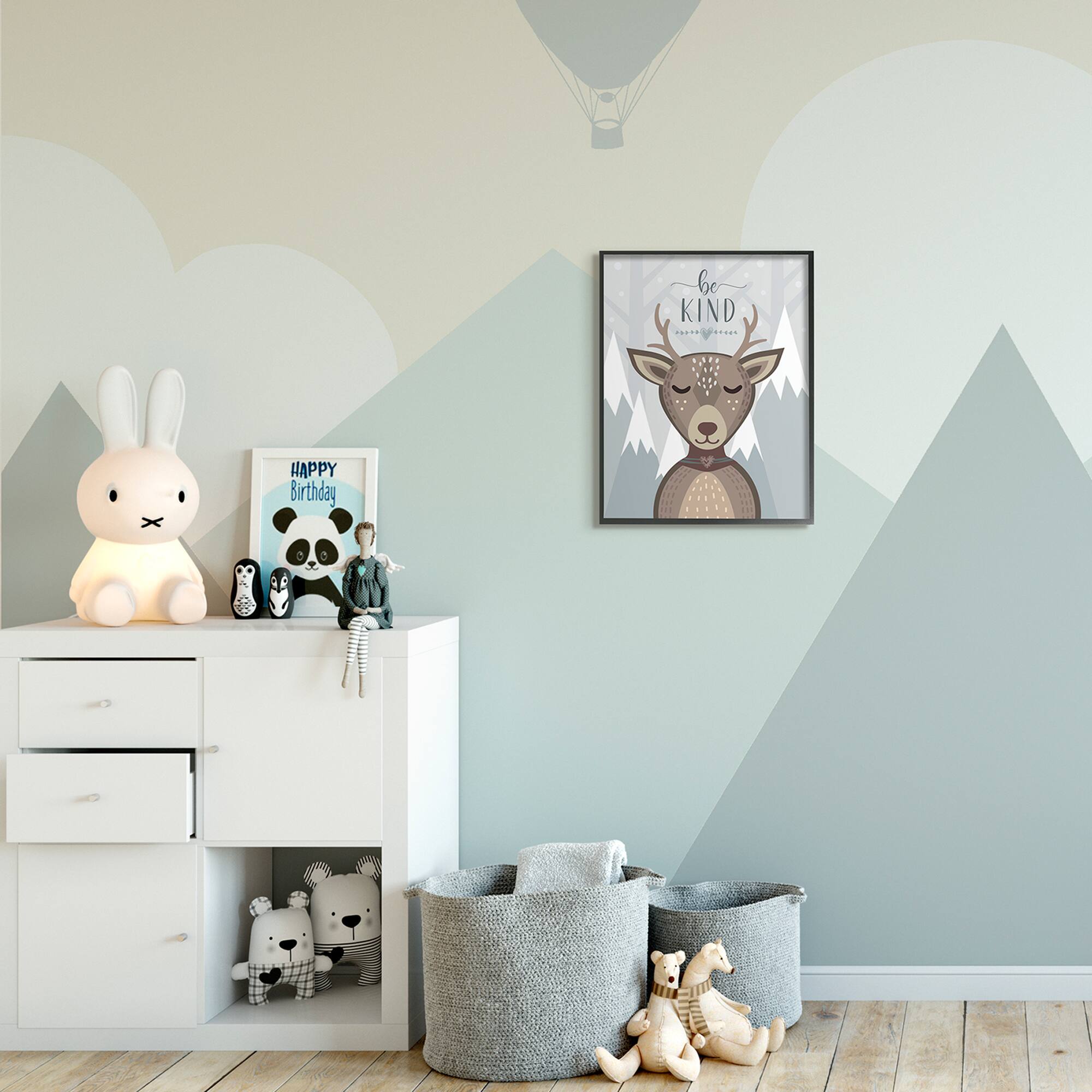 Stupell Industries Snowy Mountains Cartoon Deer Be Kind Sentiment Framed Wall Art