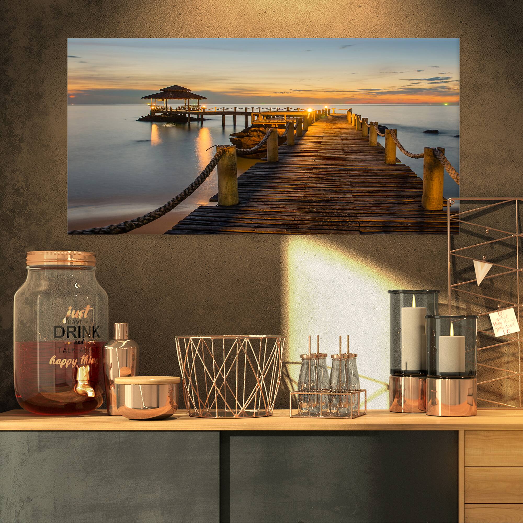 Designart - Brown Wooden Pier in Evening - Seashore Photo Canvas Print