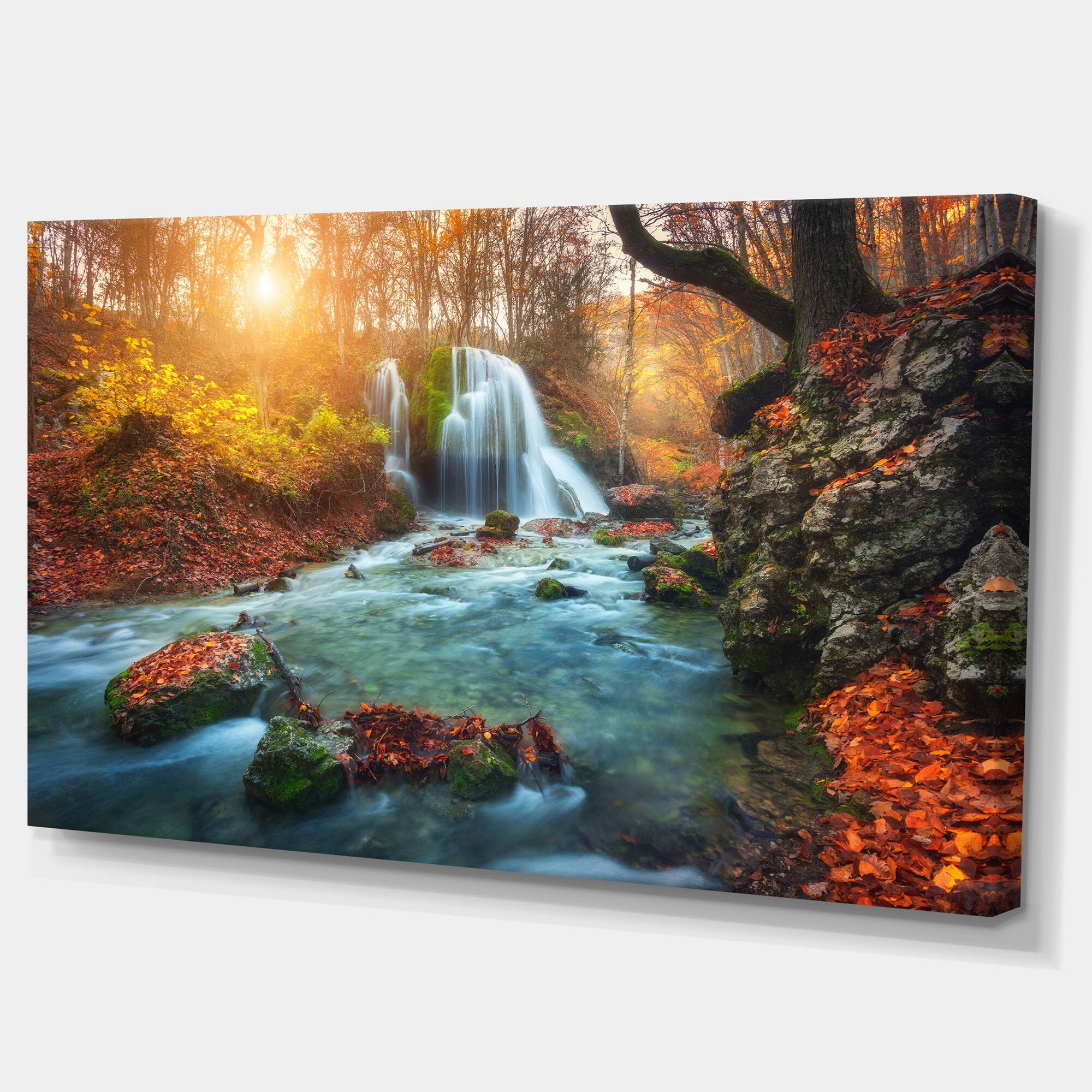 Designart - Fast Flowing Fall River in Forest - Landscape Photography Canvas Print
