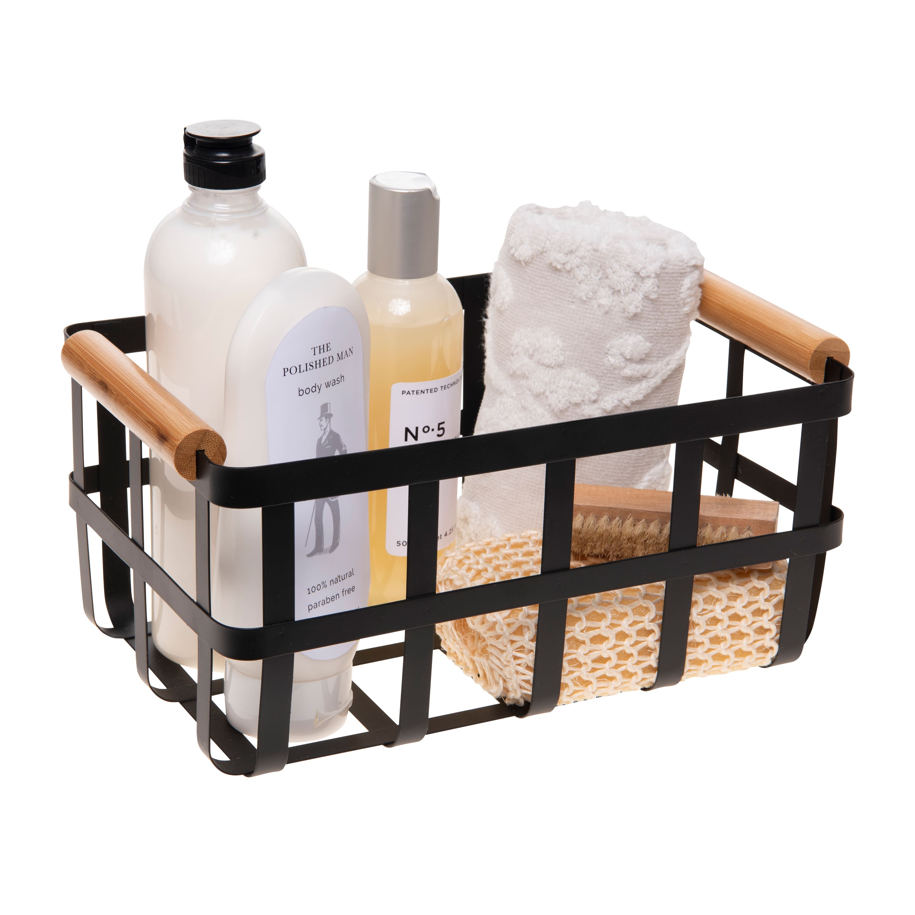 Simplify Small Black Metal Basket with Bamboo Handles