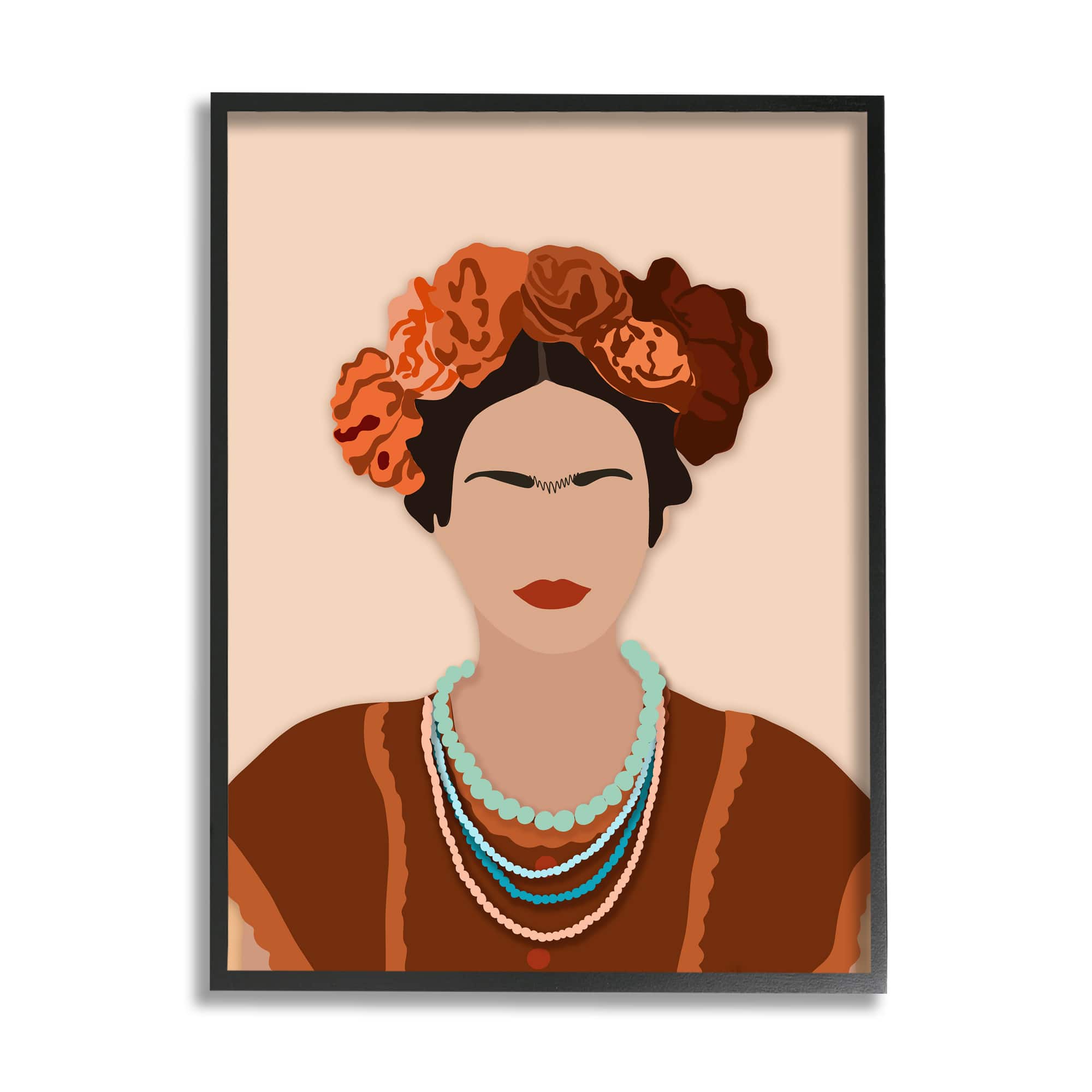 Stupell Industries Frida Artist Portrait Orange Floral Blue Bead Necklace in Black Frame Wall Art
