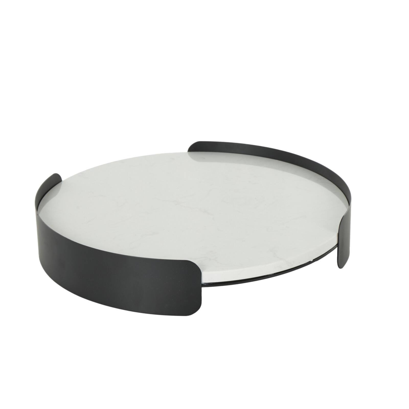 15.75" White Marble Round Living Room Décor Tray with Black Metal Frame