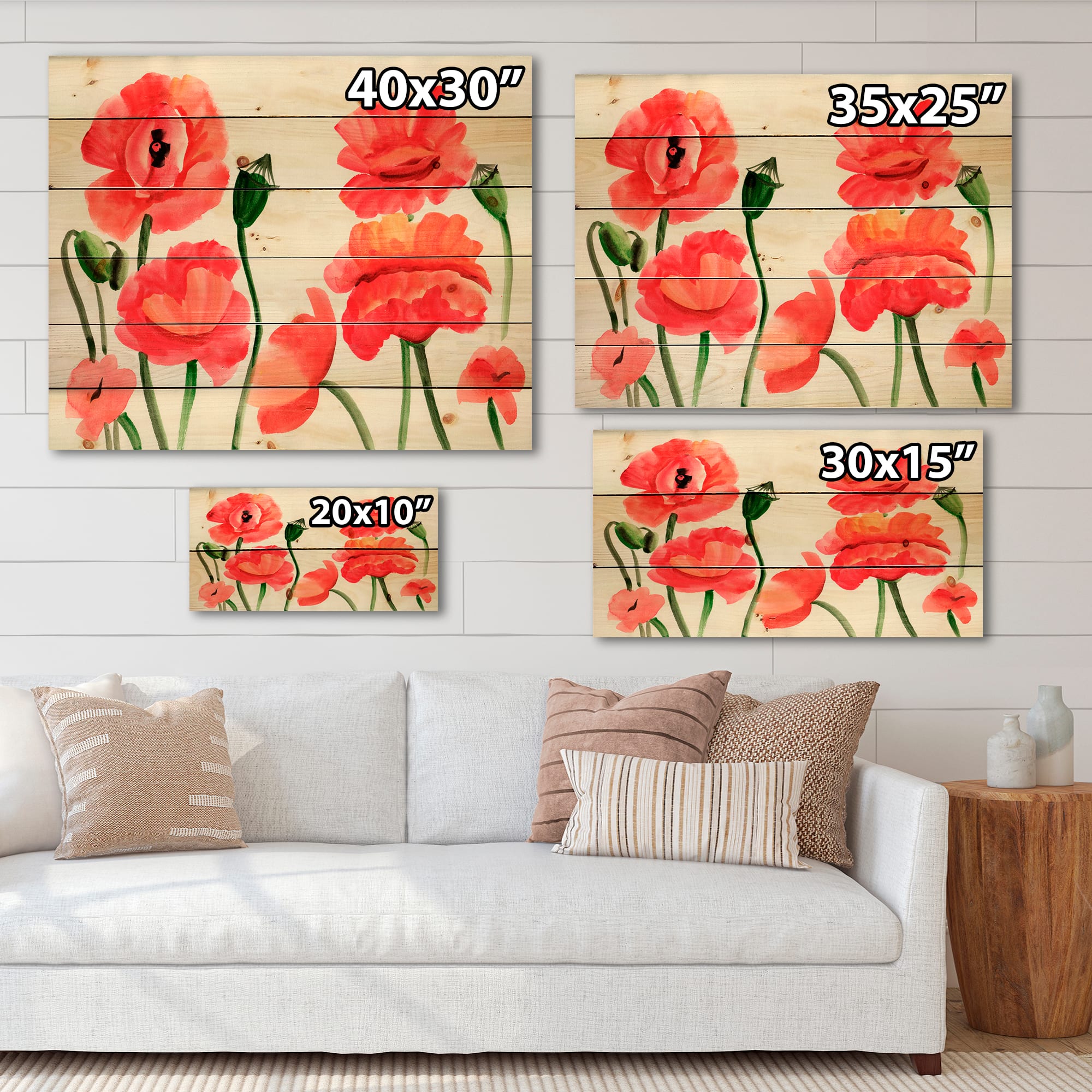 Designart - Vintage Red Poppies I - Traditional Print on Natural Pine Wood