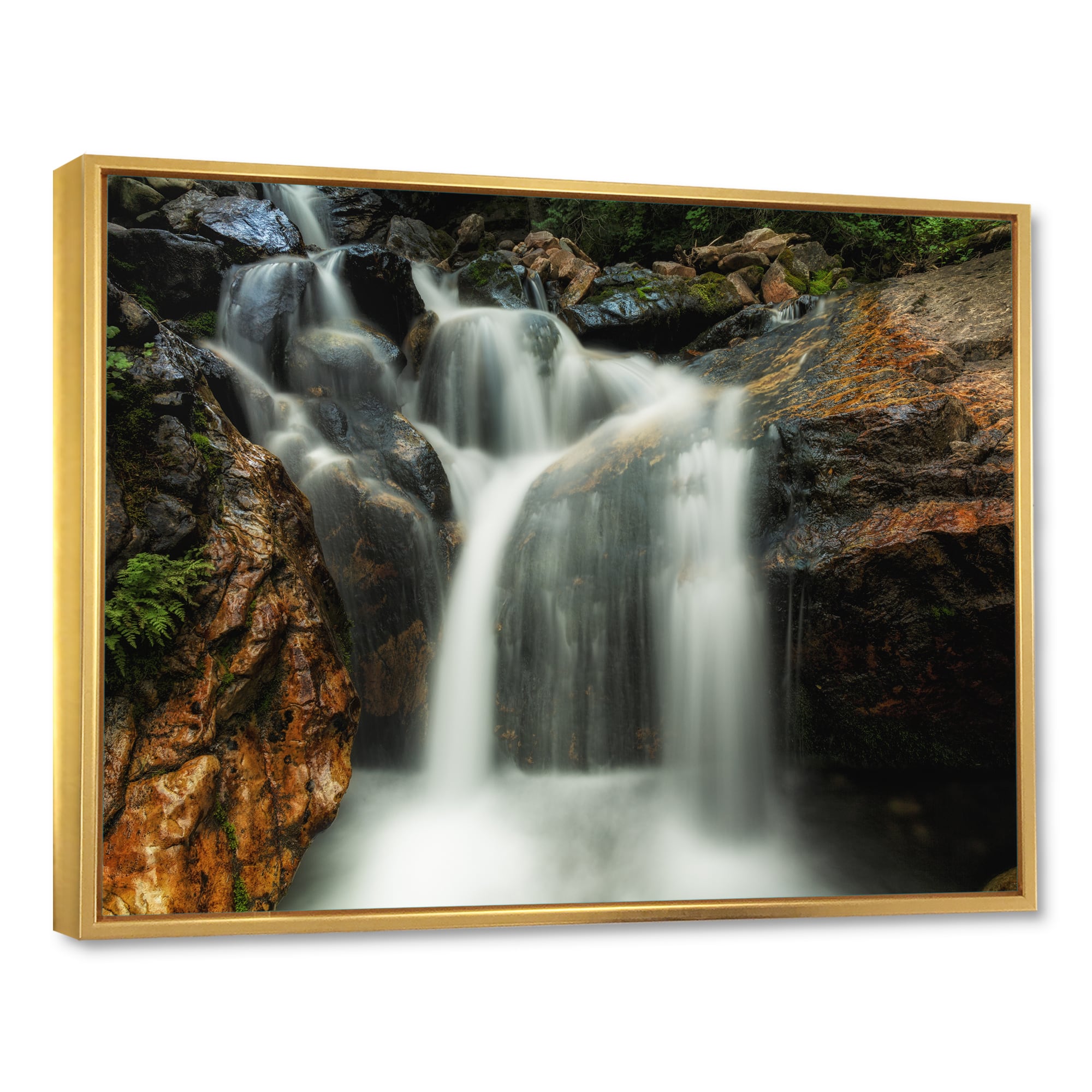 Designart - Slow Motion Waterfall on Rocks - Landscape Framed Canvas Art Print