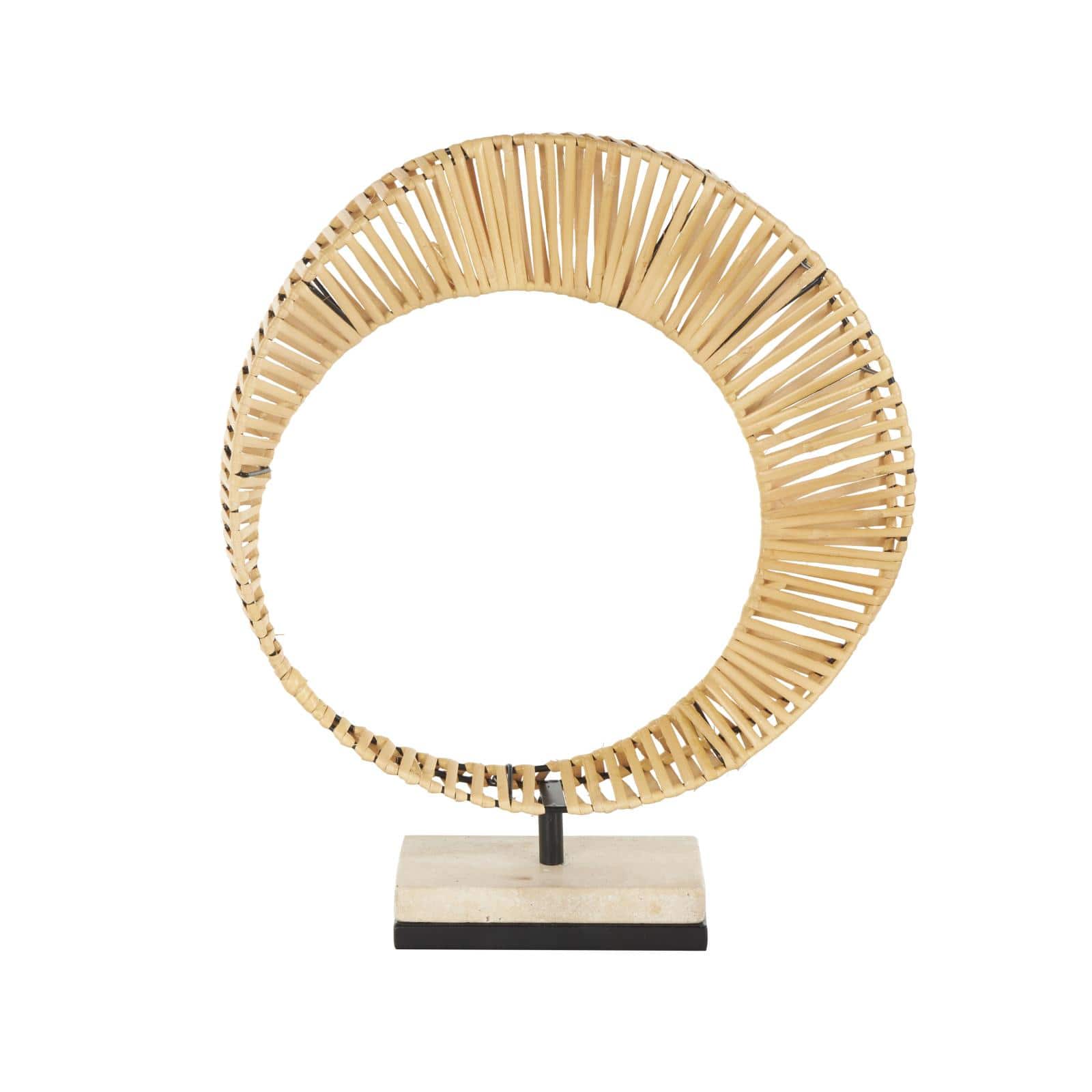15.5" Brown Rattan Abstract Handmade Mobius Strip Inspired Sculpture with White Marble Base