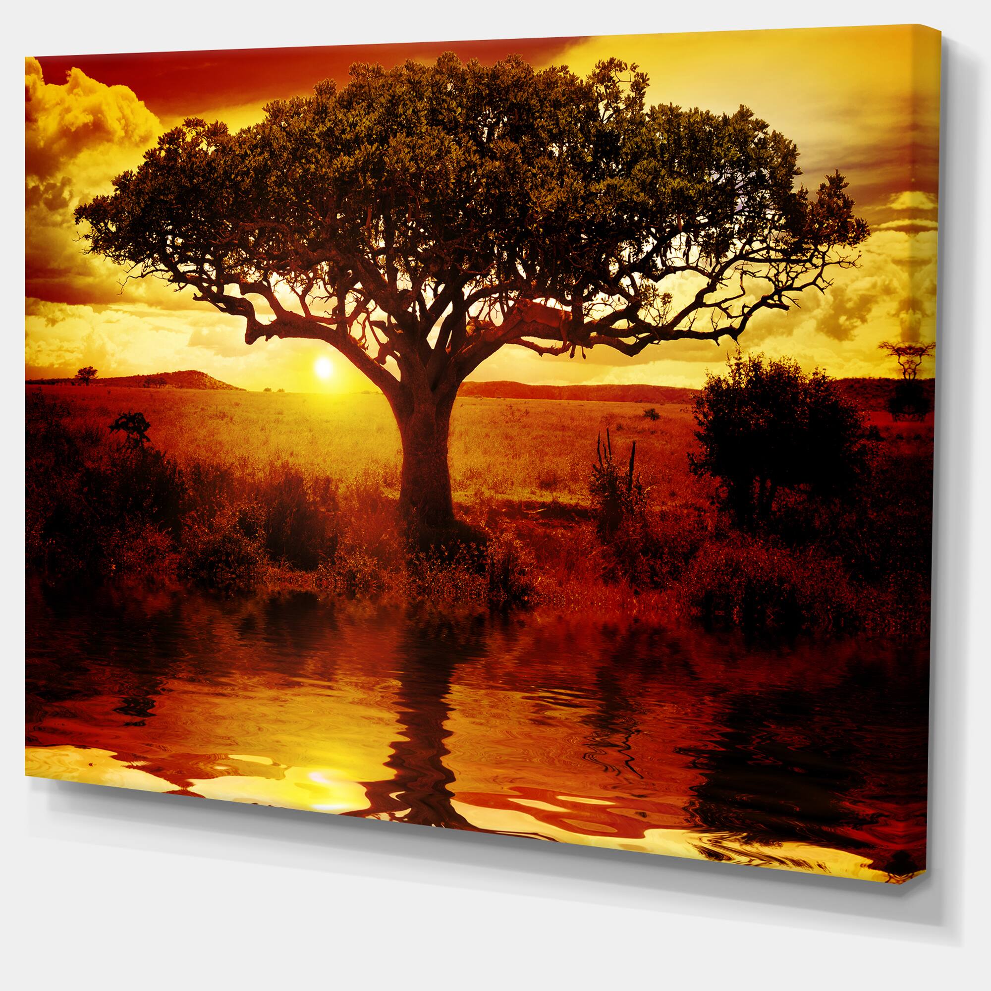 Designart - Lonely Tree in African Sunset - Oversized African Landscape Canvas Art
