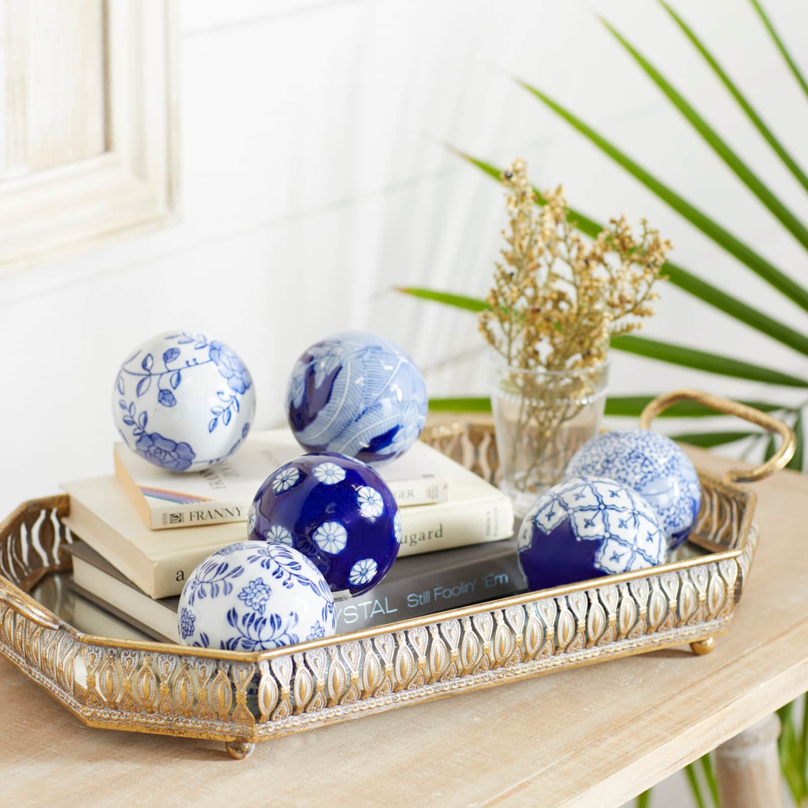 3" Blue & White Patterned Ceramic Vase Filler Orb Set