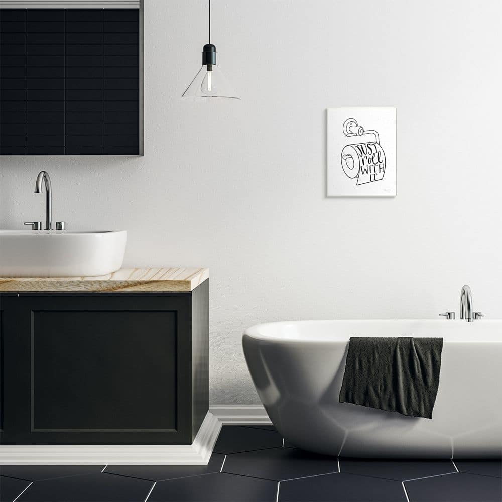 Stupell Industries Just Roll With It Toilet Bathroom Humor Word Pun Wood Wall Plaque