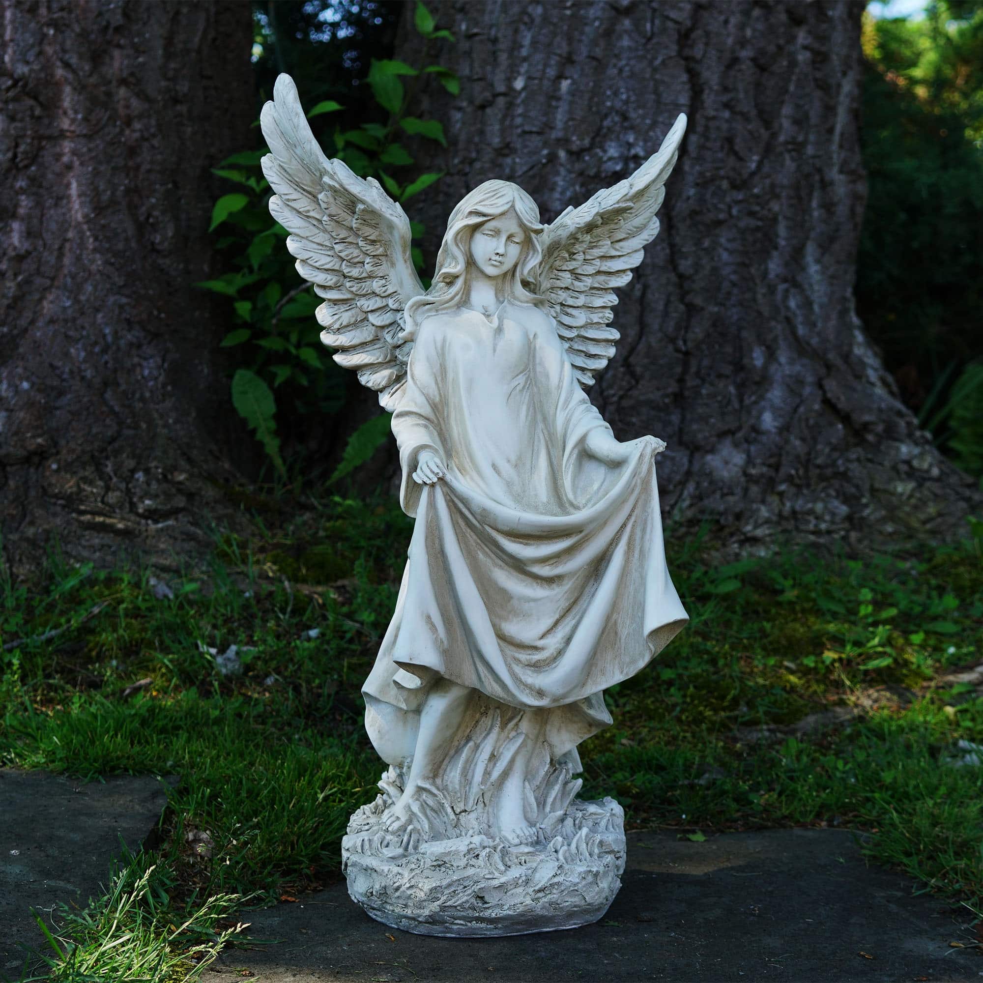 23.25&#x22; Standing Gray Angel Outdoor Bird Bath &#x26; Feeder