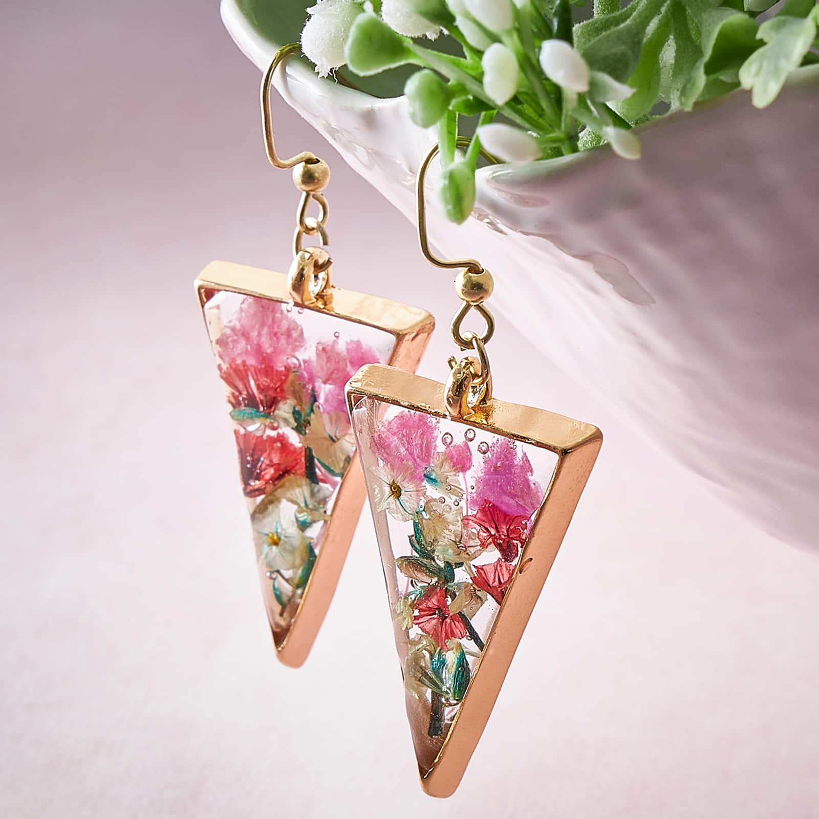 Unique earrings ~ Dried pink flowers in diamond shaped silver coloured earring frames