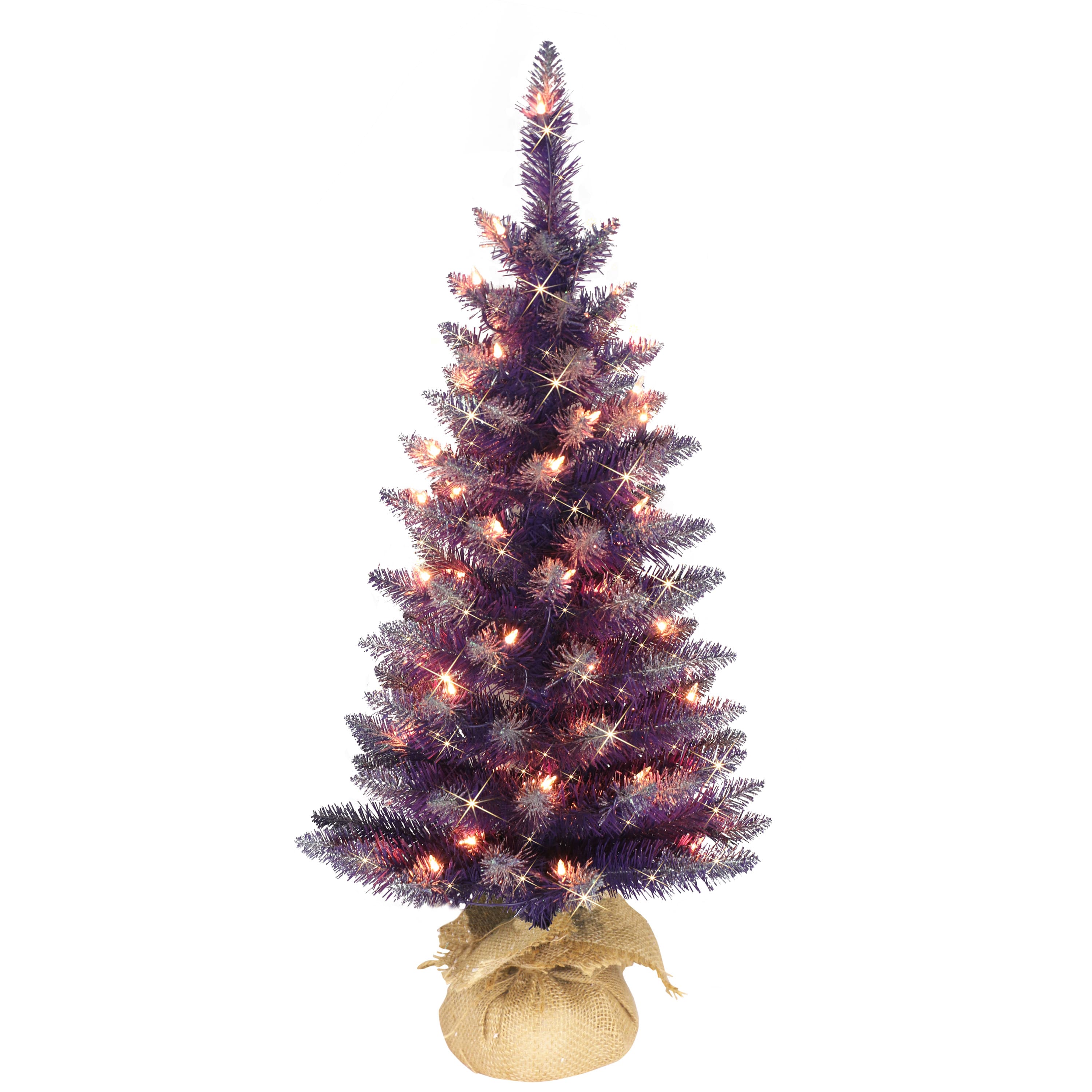 6 Pack: 3ft. Pre-Lit Flocked Purple Artificial Christmas Tree in Burlap Base, Clear Lights