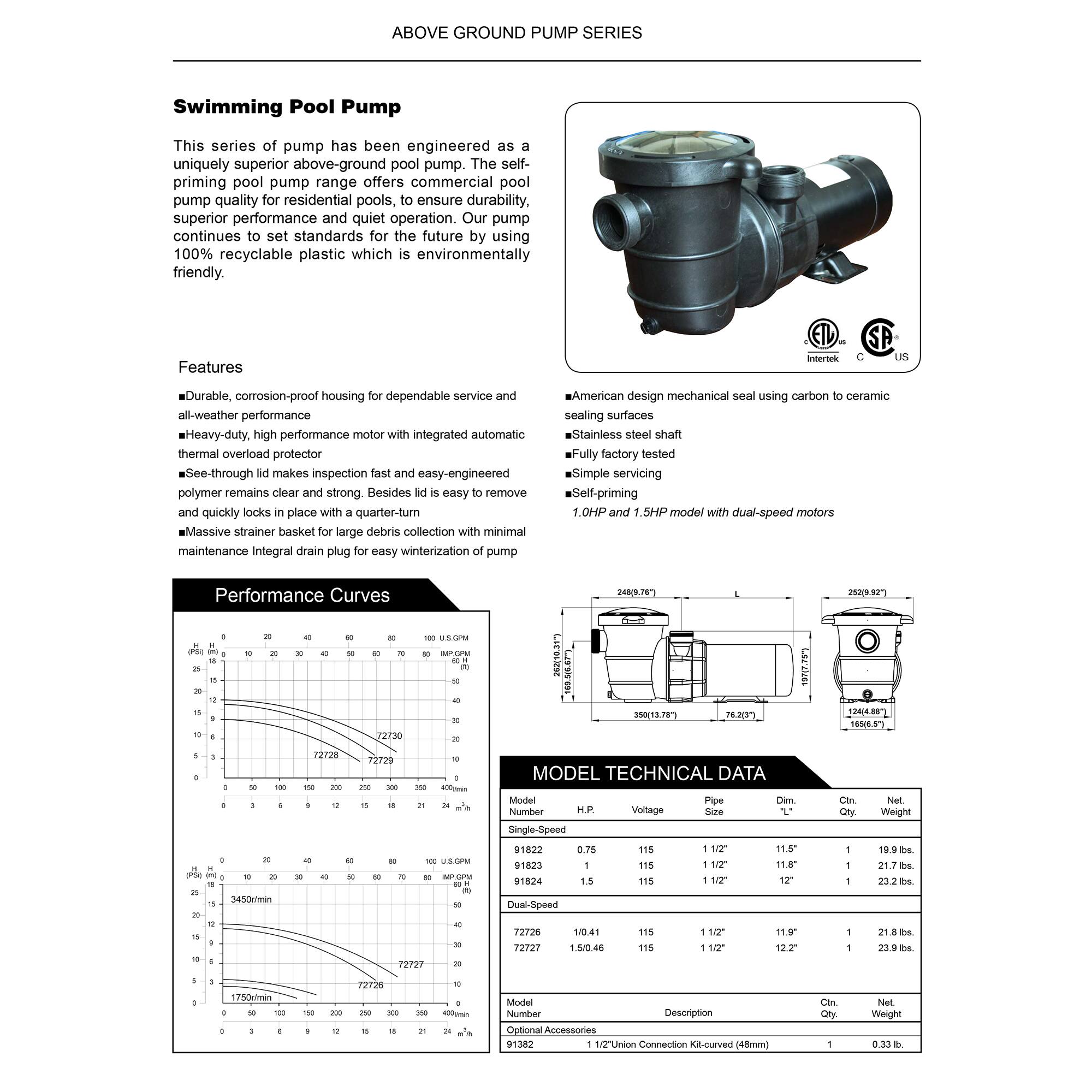 Self-Priming Above-Ground Swimming Pool 1 HP Pump