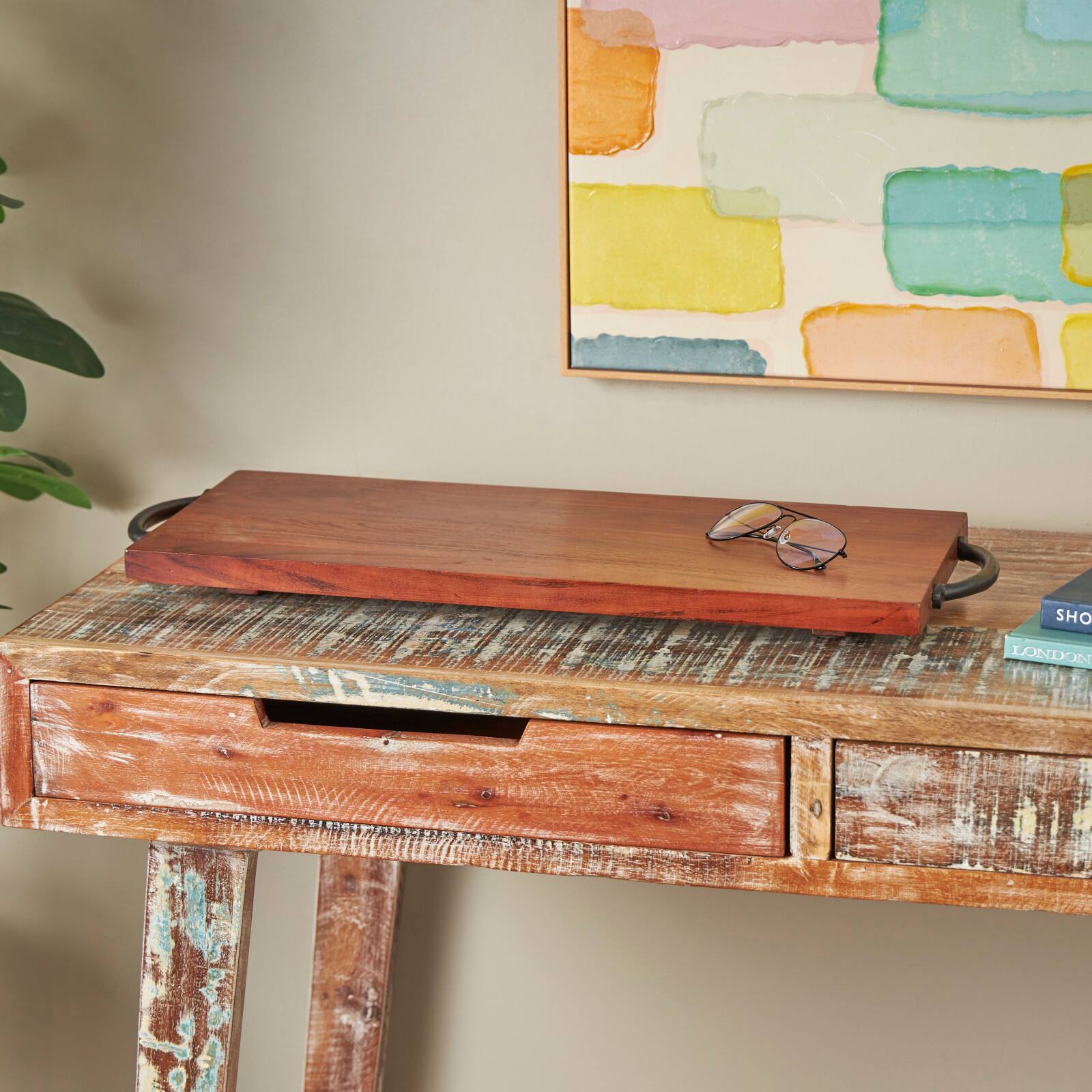 28&#x22; Brown Wood Tray with Black Metal Handles