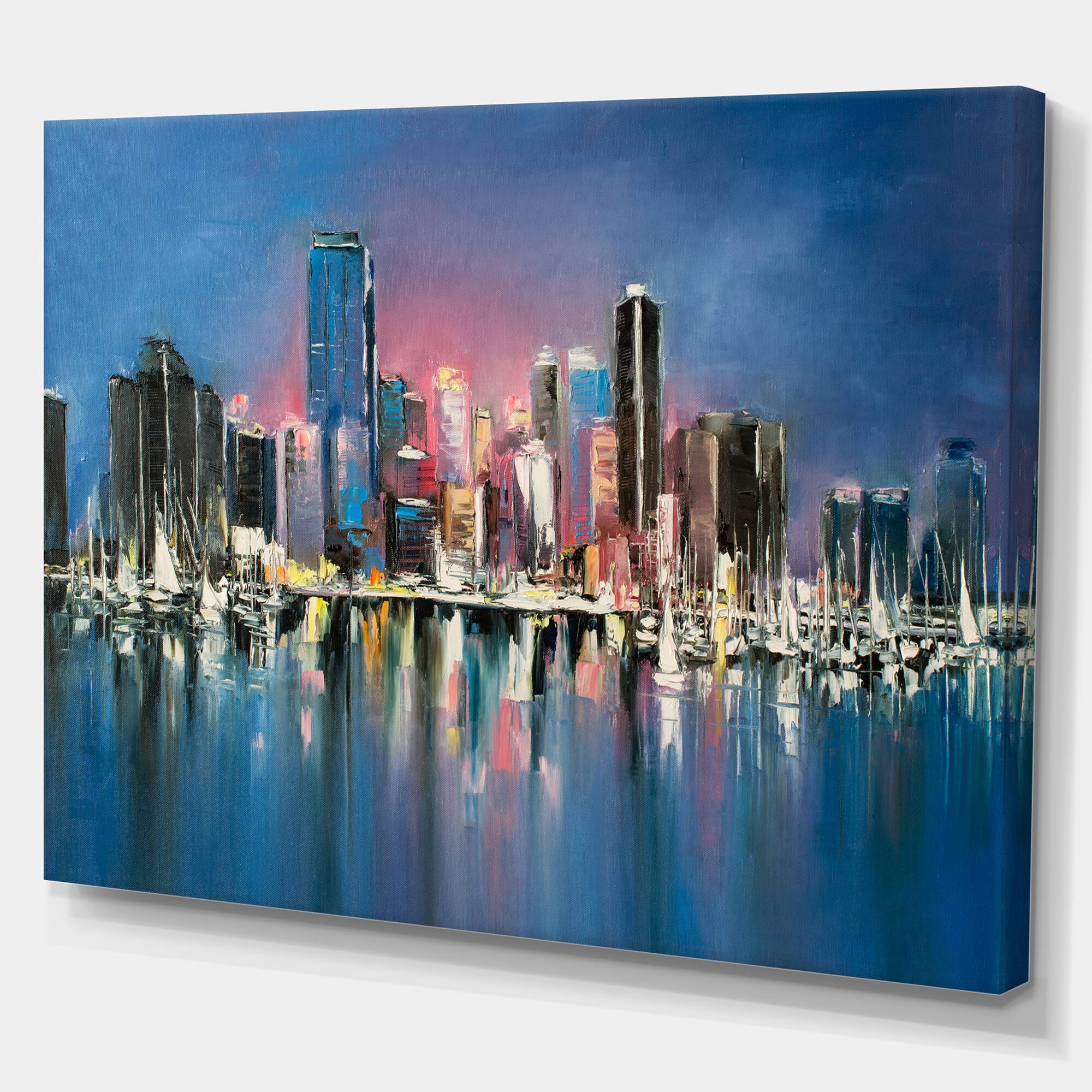 Designart - Coastal City Fantasy Night Scene in Oil Painting - Cityscapes Painting Print on Wrapped Canvas