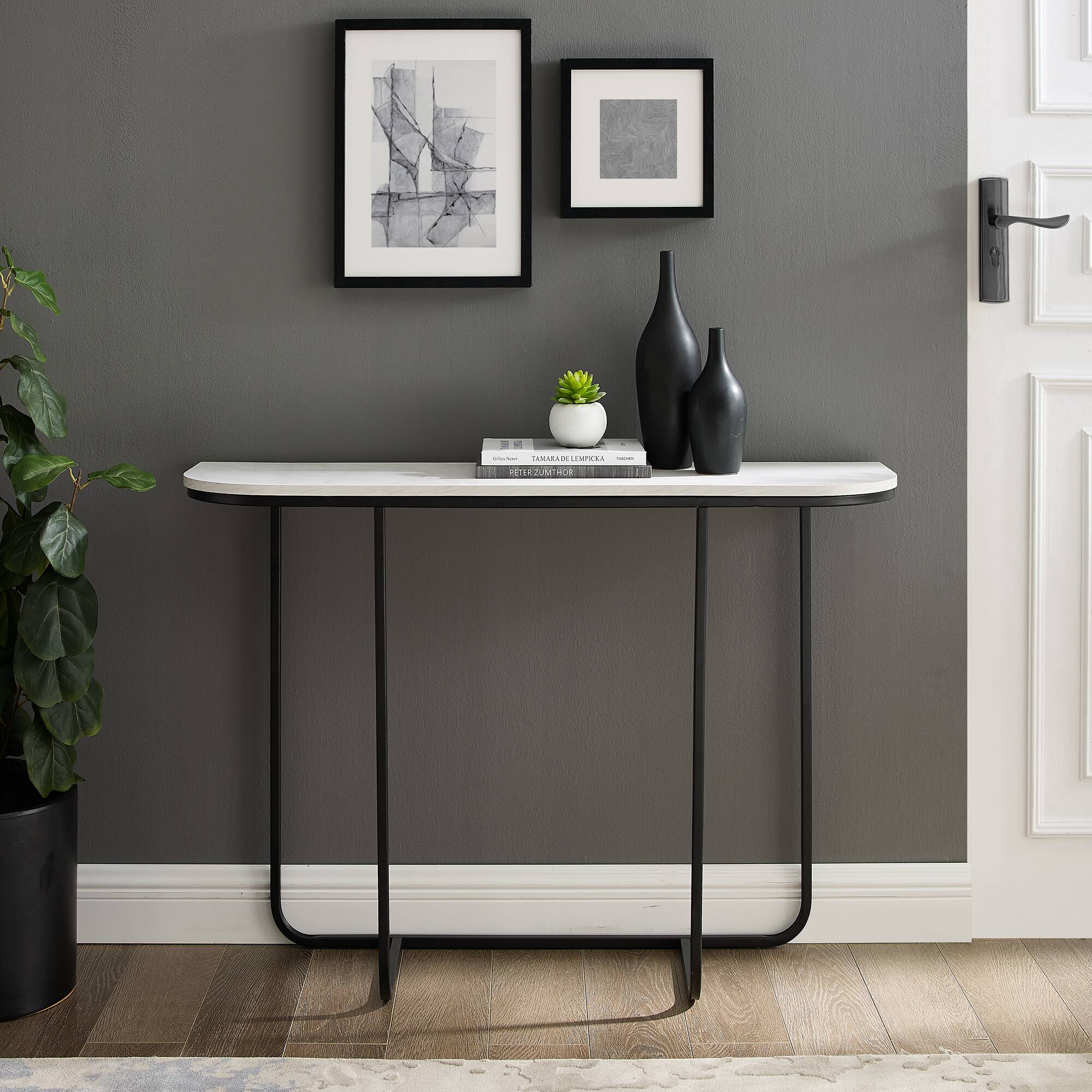 Walker Edison Faux White Marble/Black Modern Curved Entry Table